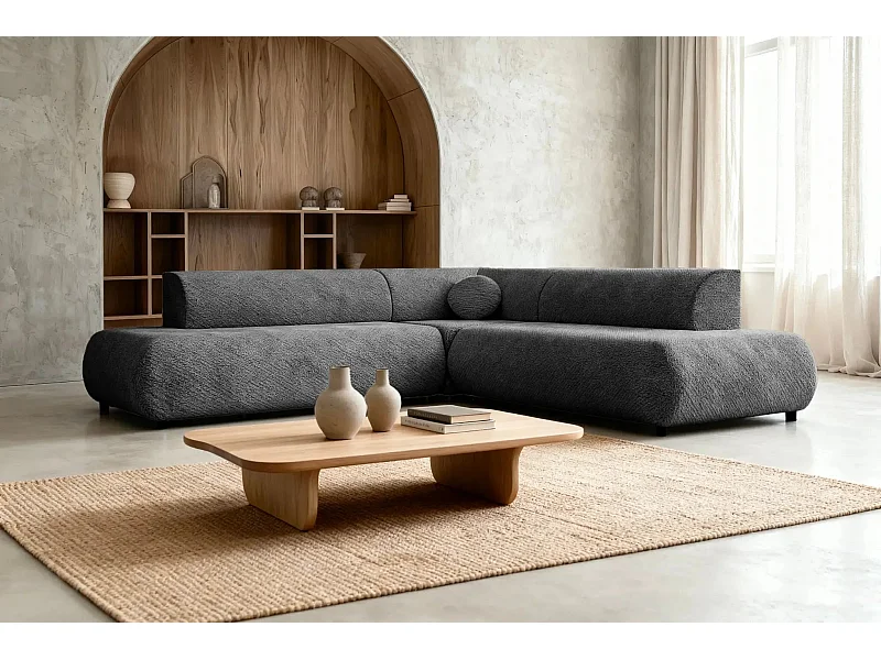 LEVI - Canapé panoramique convertible tissu lisse 5 places - Gris foncé - Gauche