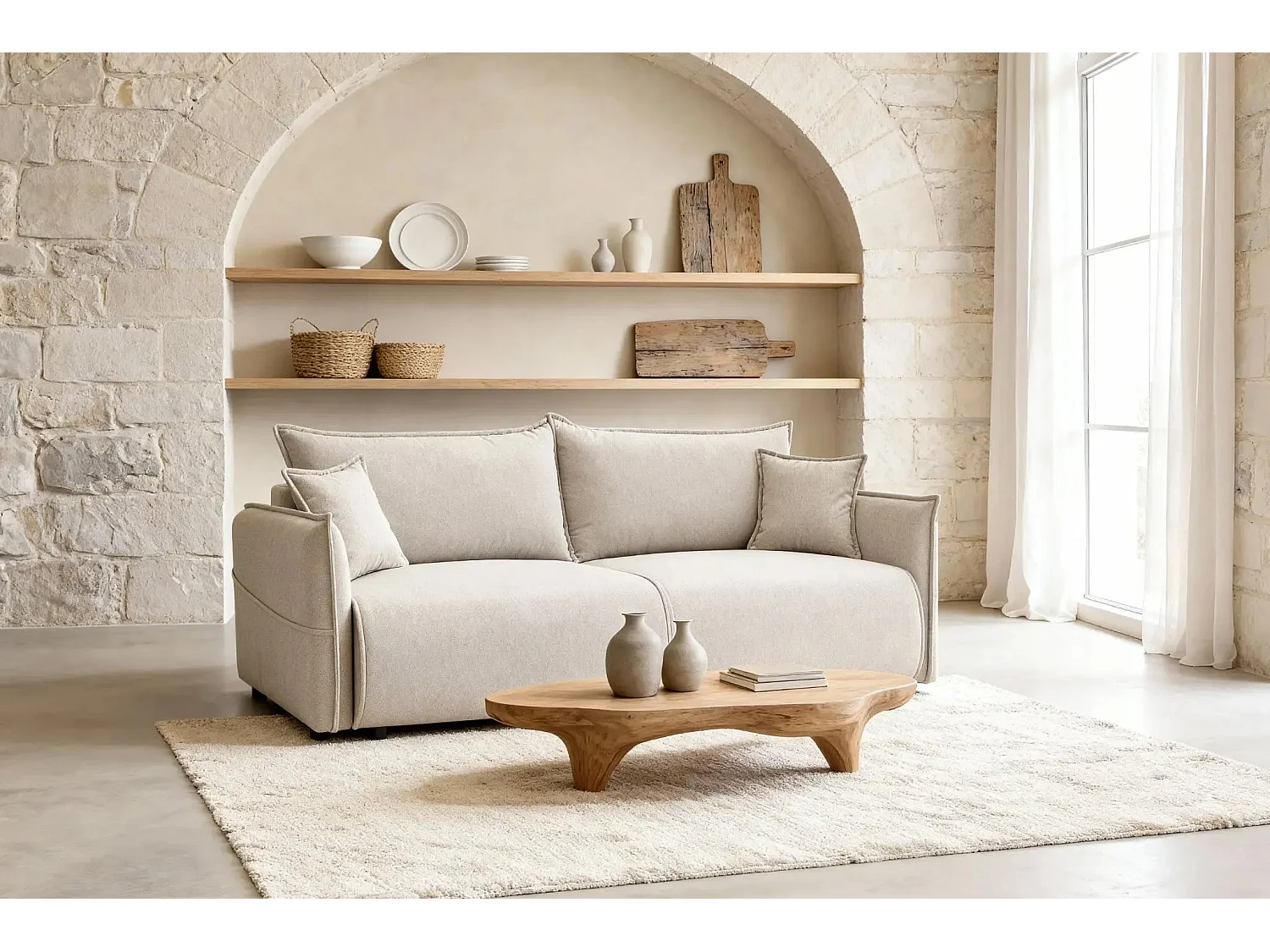 CAROLINA - Canapé droit convertible tissu chiné 3 places - Beige