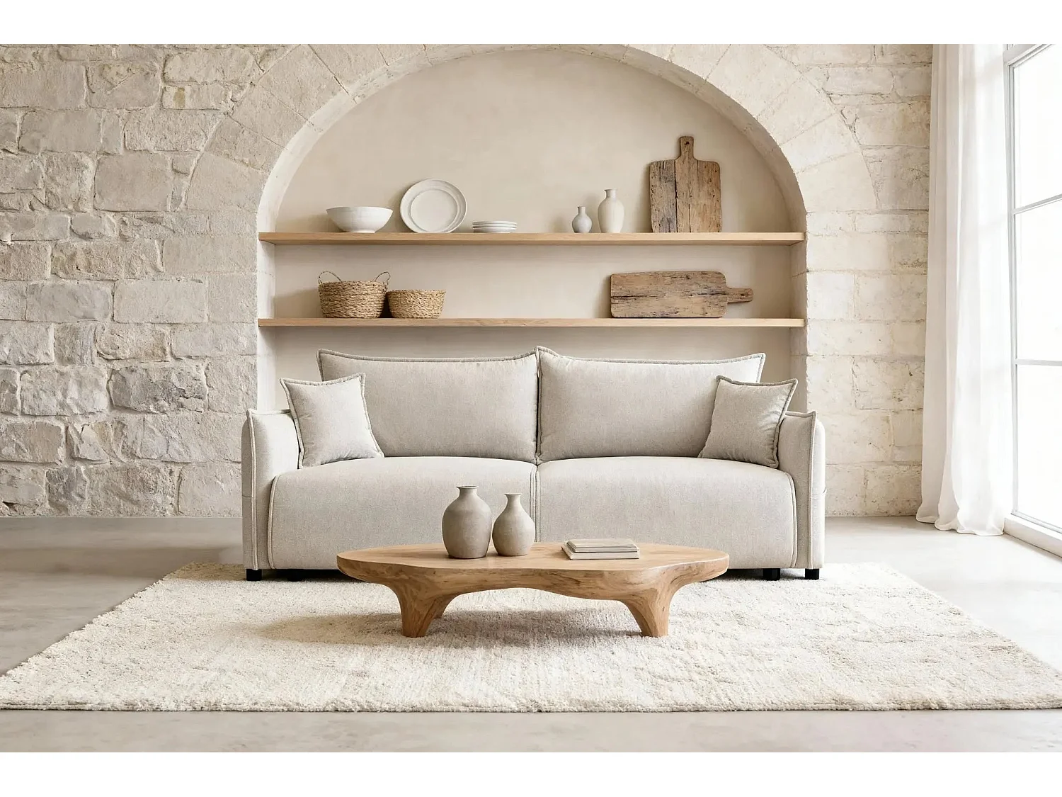 Canapé convertible 3 places en tissu chiné beige CAROLINA