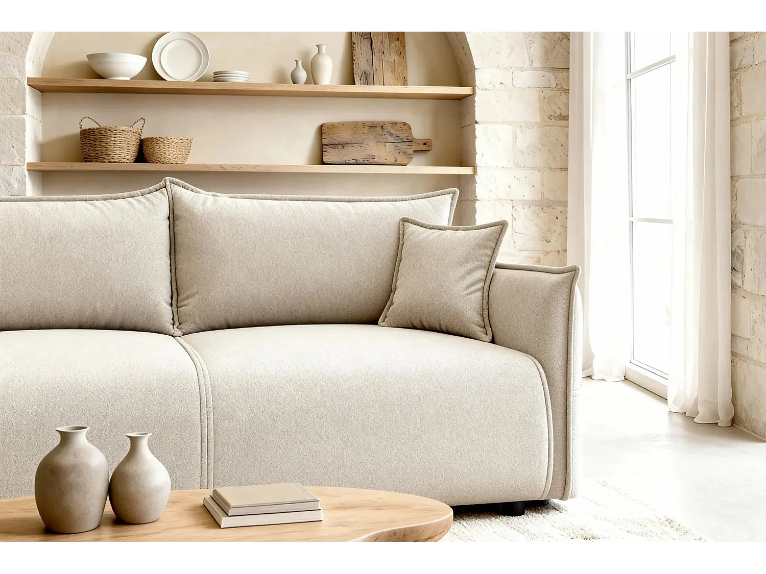 Canapé convertible 3 places en tissu chiné beige CAROLINA