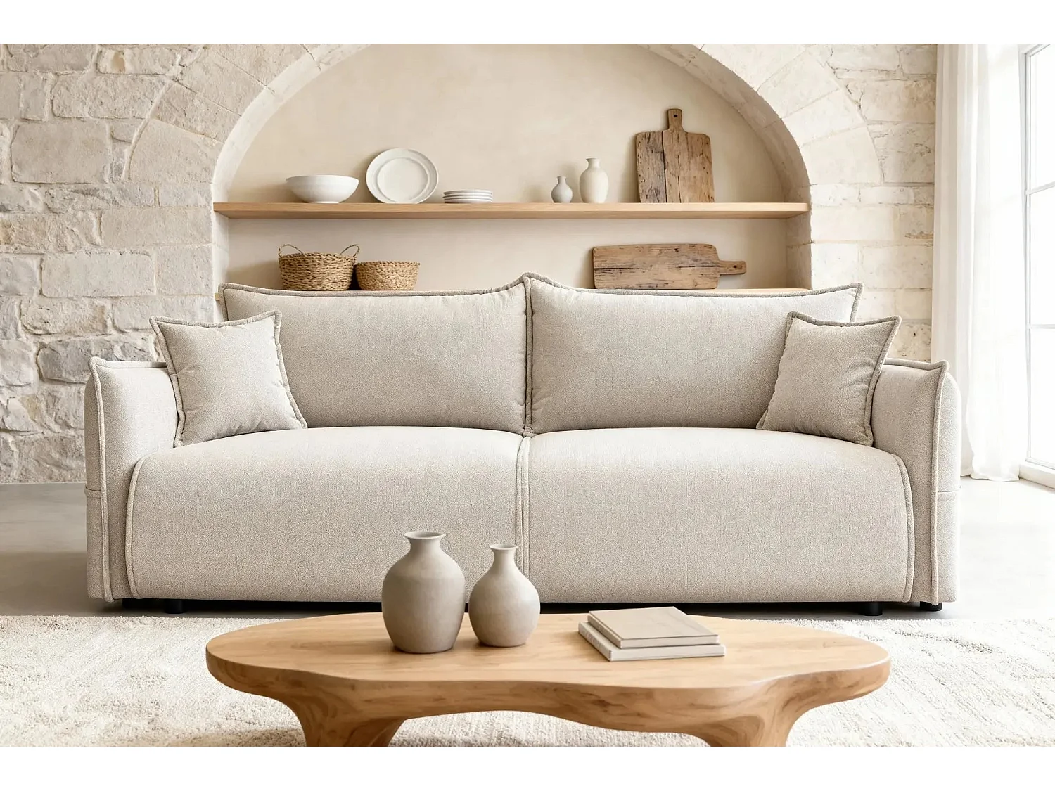 Canapé convertible 3 places en tissu chiné beige CAROLINA