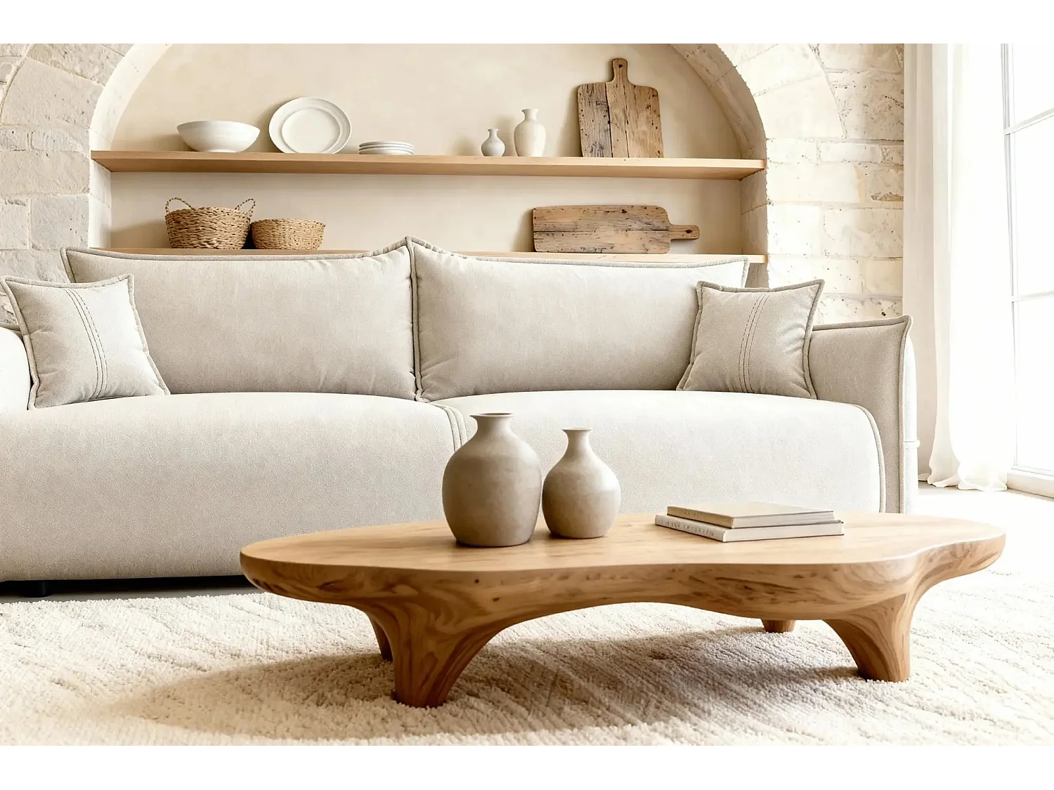 Canapé convertible 3 places en tissu chiné beige CAROLINA