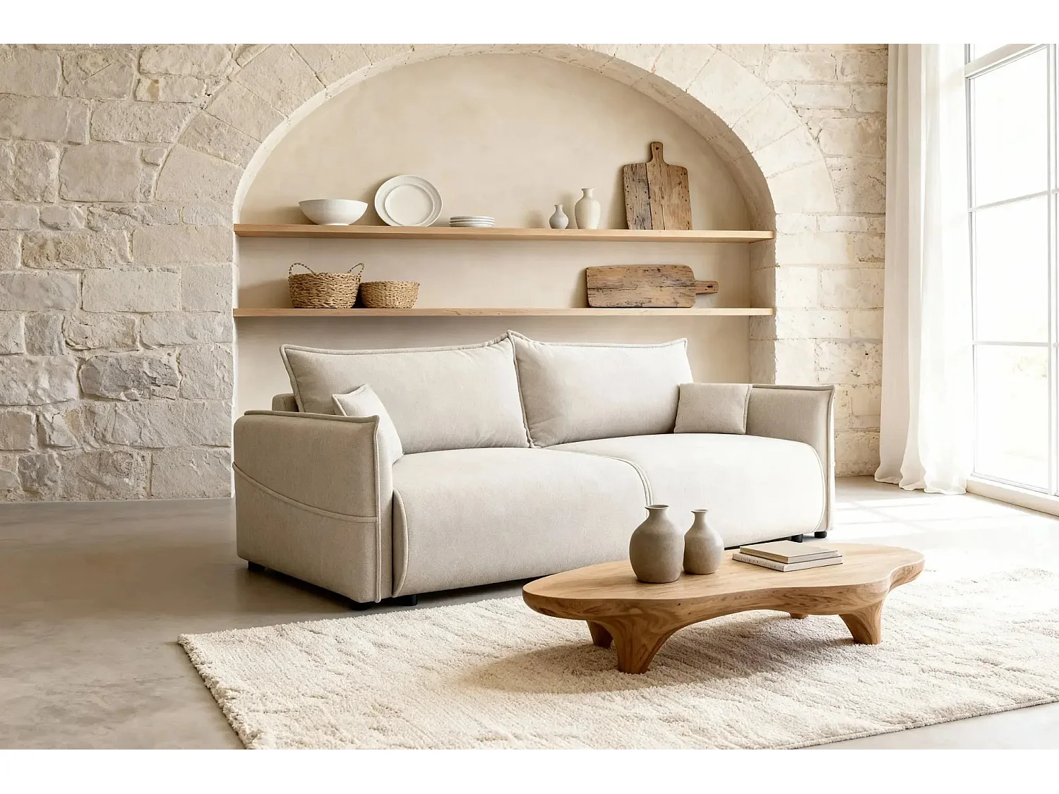 Canapé convertible 3 places en tissu chiné beige CAROLINA