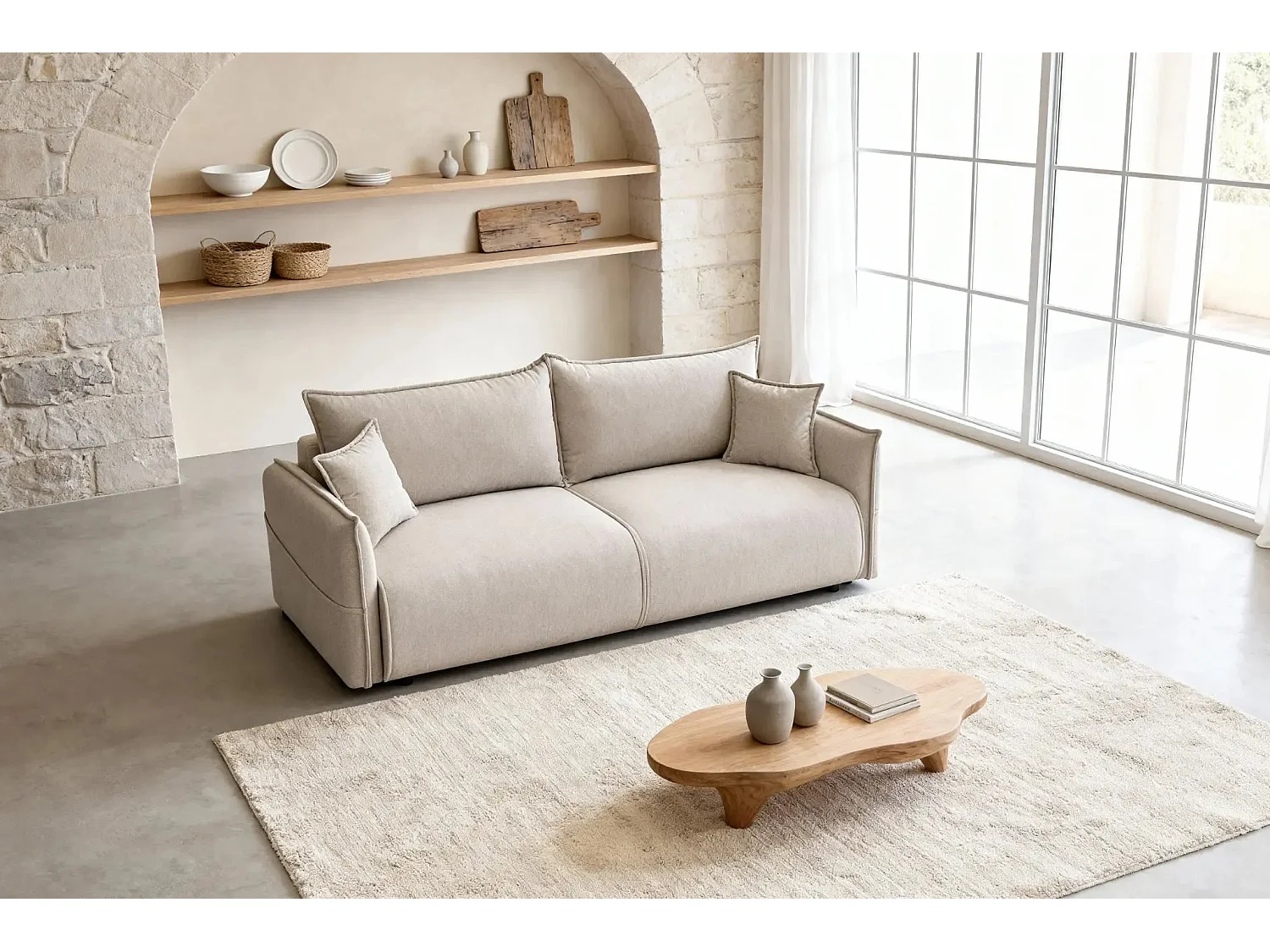 Canapé convertible 3 places en tissu chiné beige CAROLINA