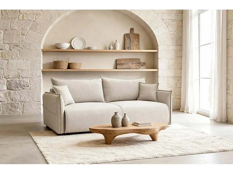 CAROLINA - Canapé droit convertible tissu chiné 3 places - Beige