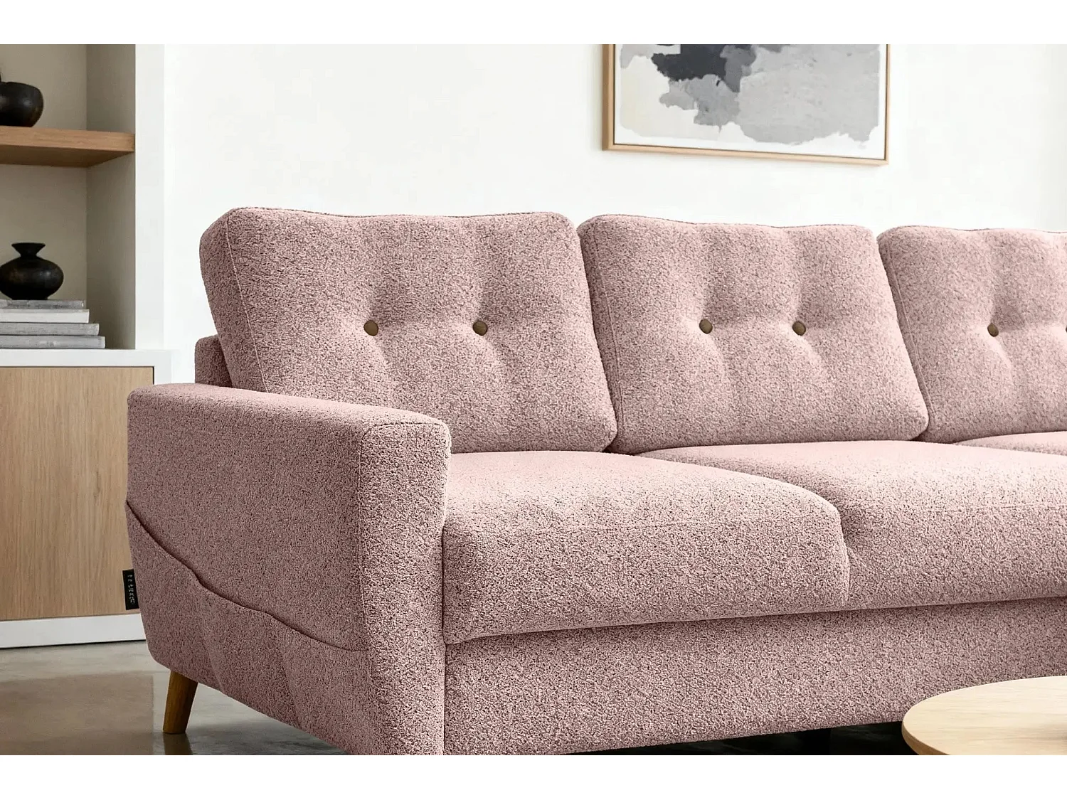 GASPARD - Canapé d'angle convertible tissu bouclette 4 places - Rose - Droit