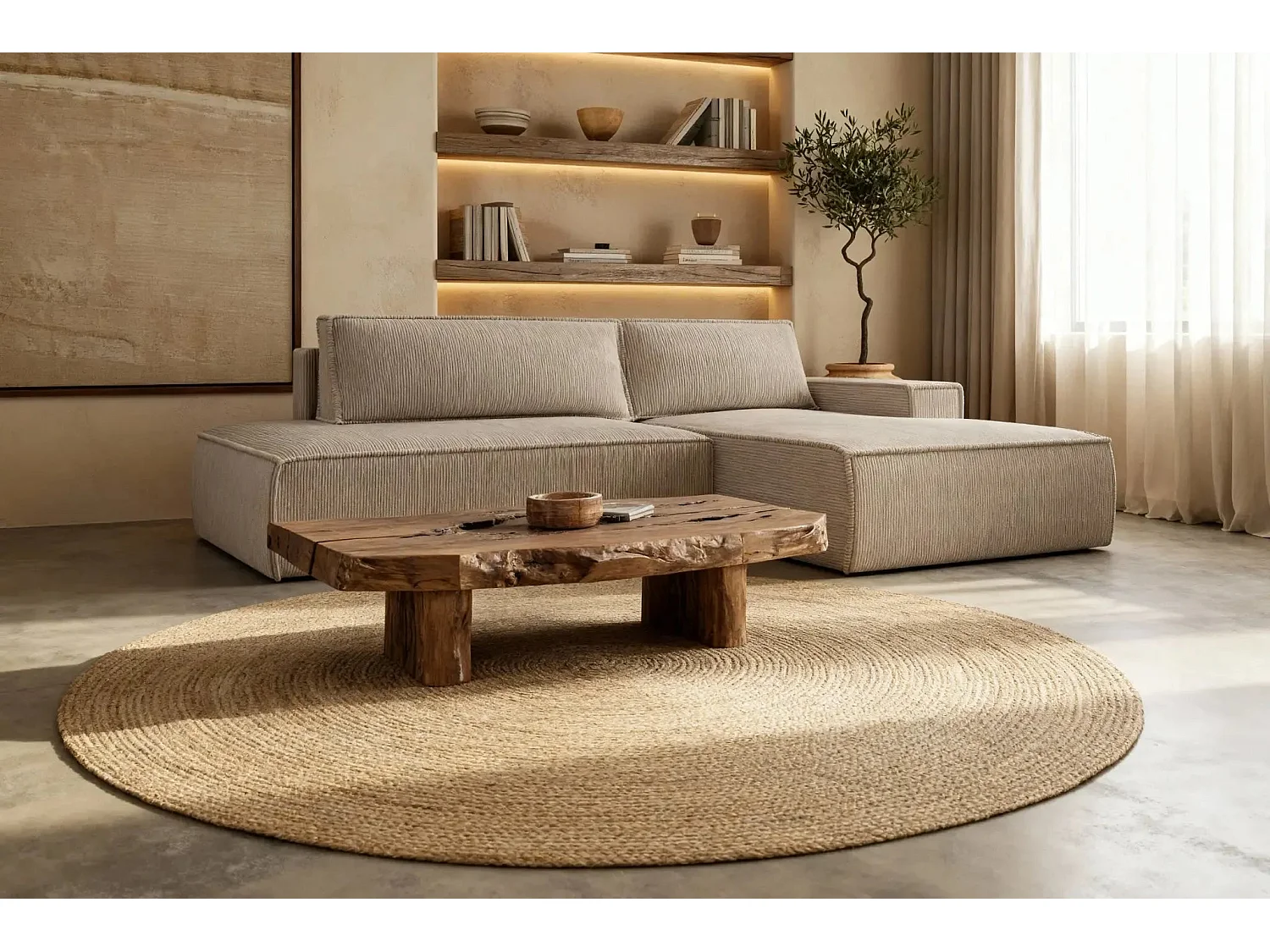 JADE - Canapé d'angle convertible velours côtelé - Beige - Droit