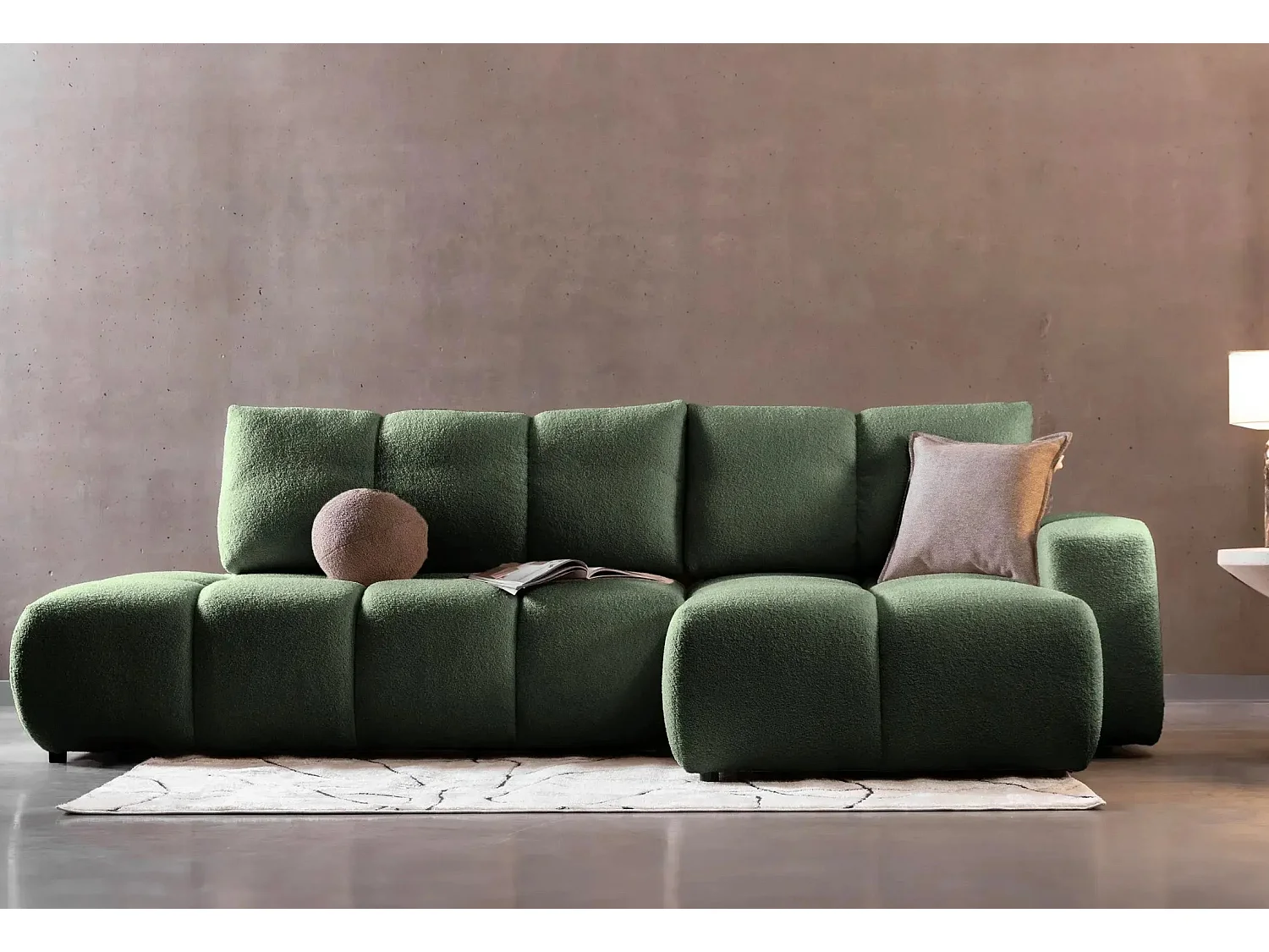 CONSTANCE - Canapé d'angle convertible tissu bouclette 4 places - Vert - Gauche