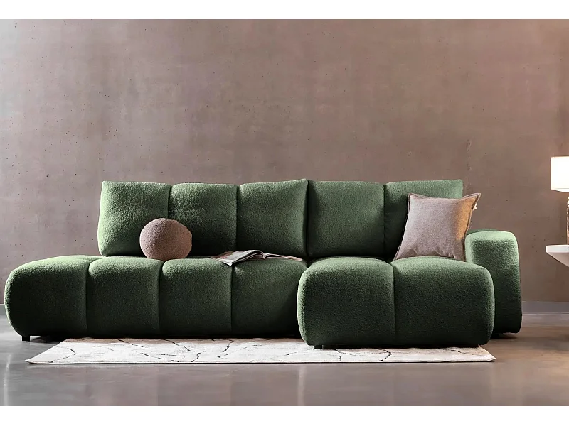 CONSTANCE - Canapé d'angle convertible tissu bouclette 4 places - Vert - Gauche
