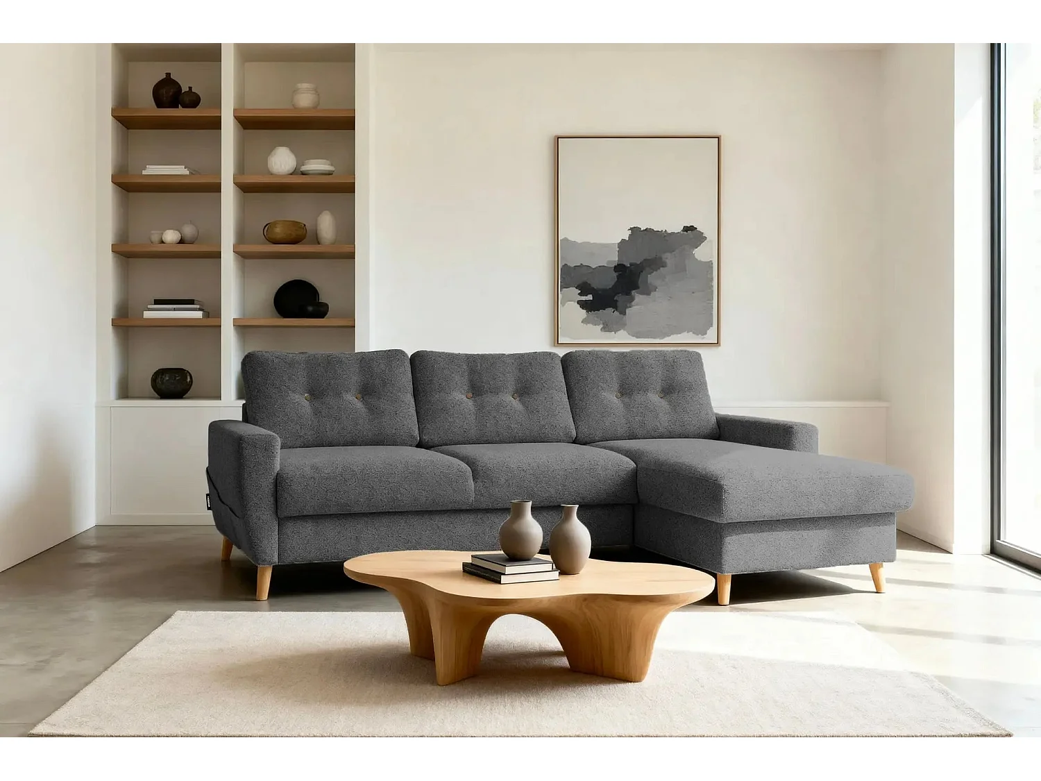GASPARD - Canapé d'angle convertible tissu bouclette 4 places - Gris - Droit
