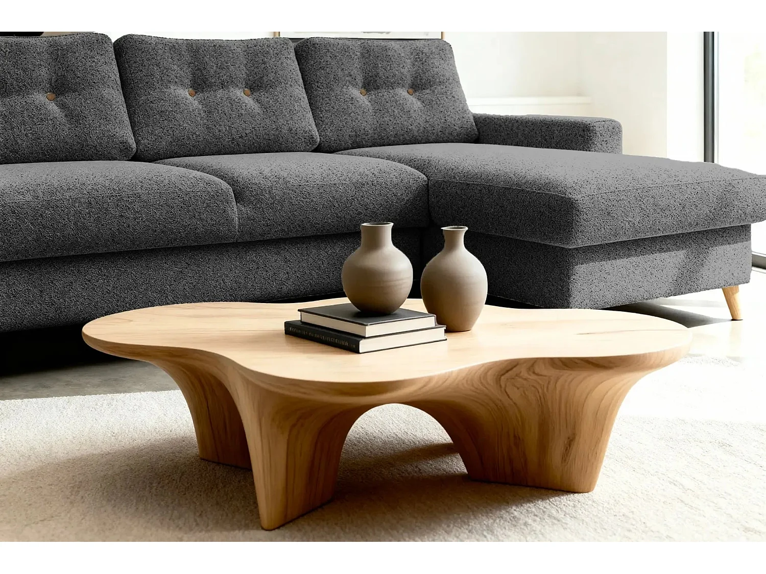 GASPARD - Canapé d'angle convertible tissu bouclette 4 places - Gris - Droit