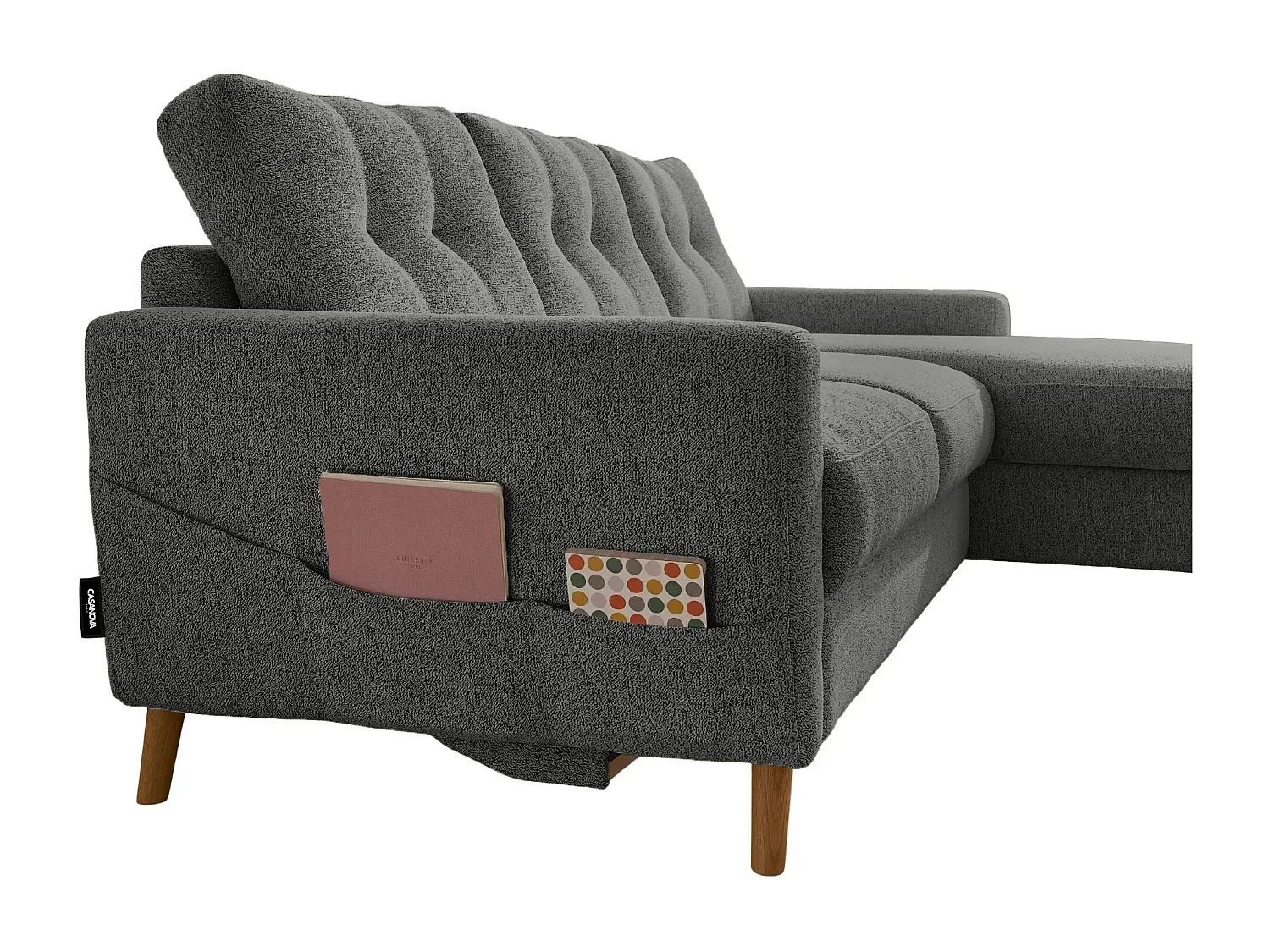 GASPARD - Canapé d'angle convertible tissu bouclette 4 places - Gris - Droit