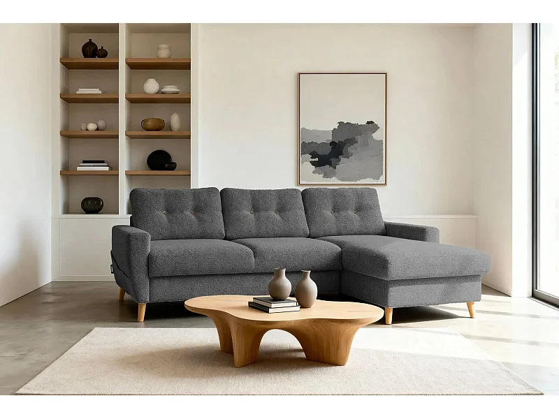 GASPARD - Canapé d'angle convertible tissu bouclette 4 places - Gris - Droit