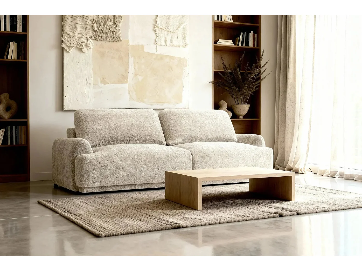 CLAUDIA - Canapé droit convertible tissu chenille 3 places - Beige