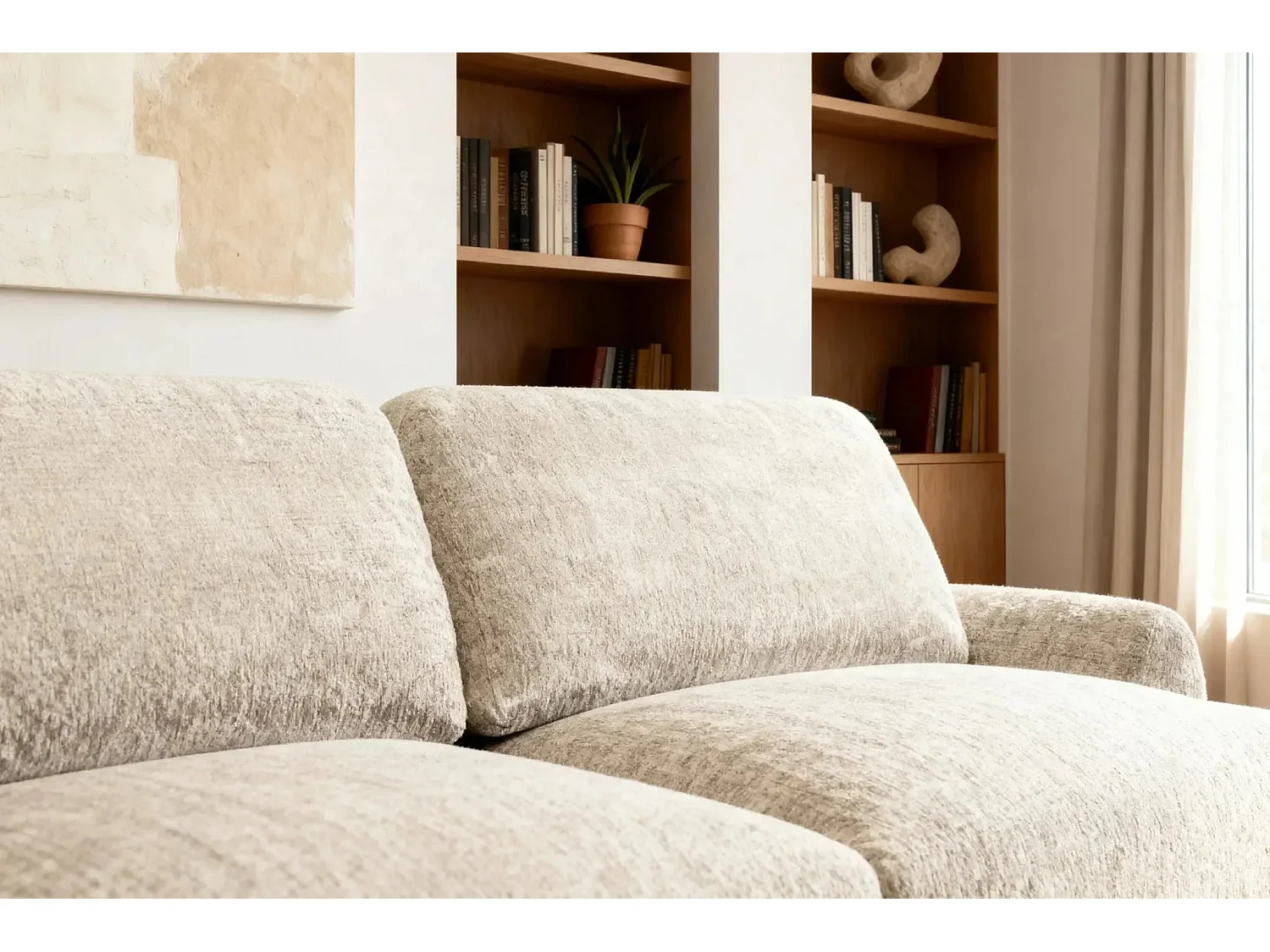 CLAUDIA - Canapé droit convertible tissu chenille 3 places - Beige