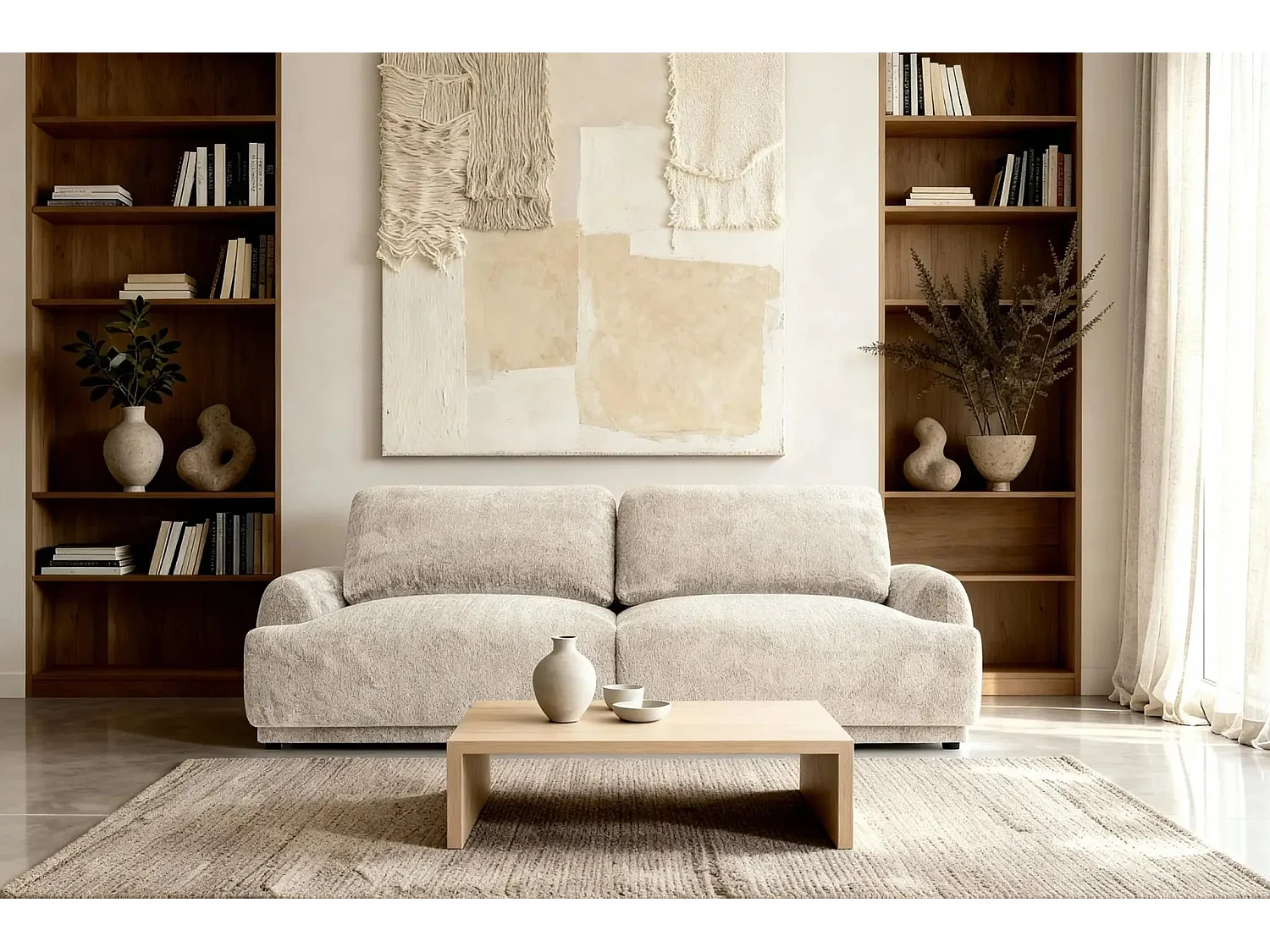 CLAUDIA - Canapé droit convertible tissu chenille 3 places - Beige