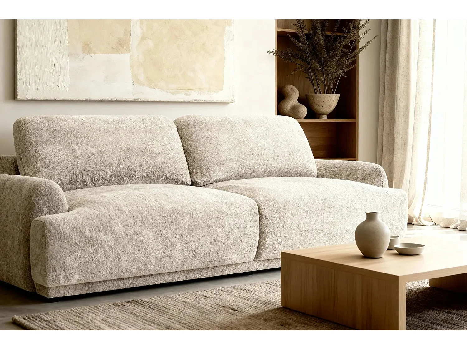 CLAUDIA - Canapé droit convertible tissu chenille 3 places - Beige