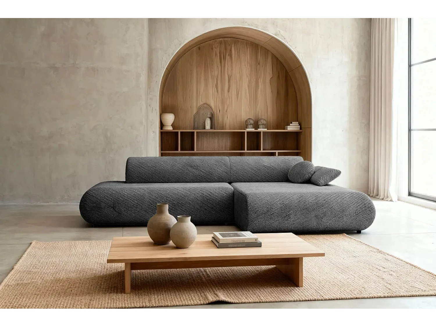 LEVI - Canapé d'angle convertible tissu lisse 3 places - Gris foncé - Gauche