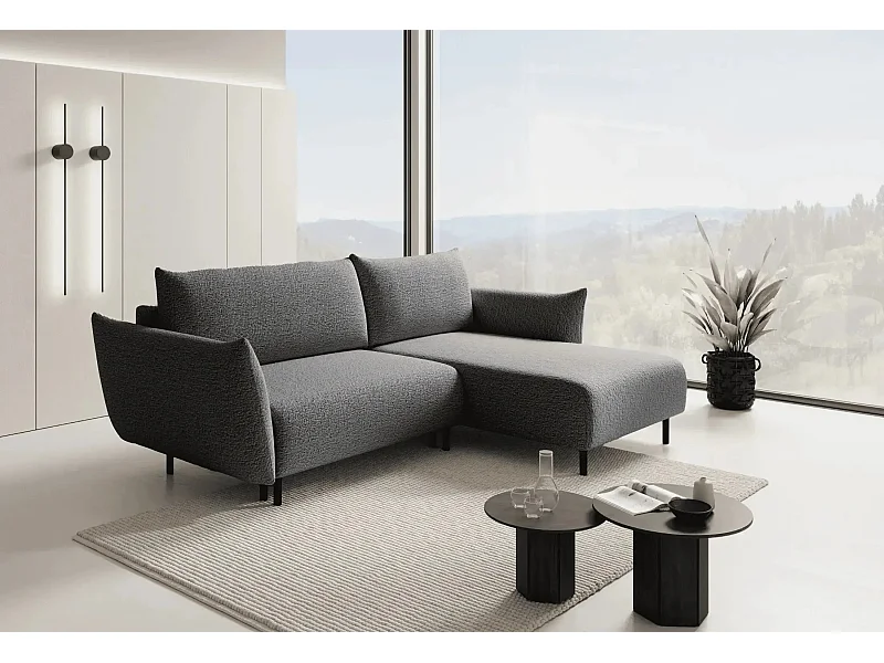 ALIX - Canapé d'angle convertible tissu bouclette 4 places - Gris foncé