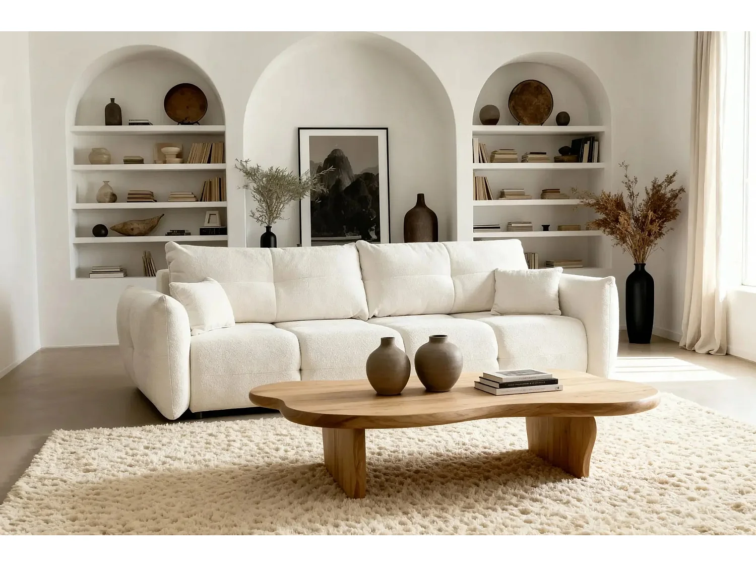 JUNE - Canapé droit convertible tissu bouclette 2 places - Beige