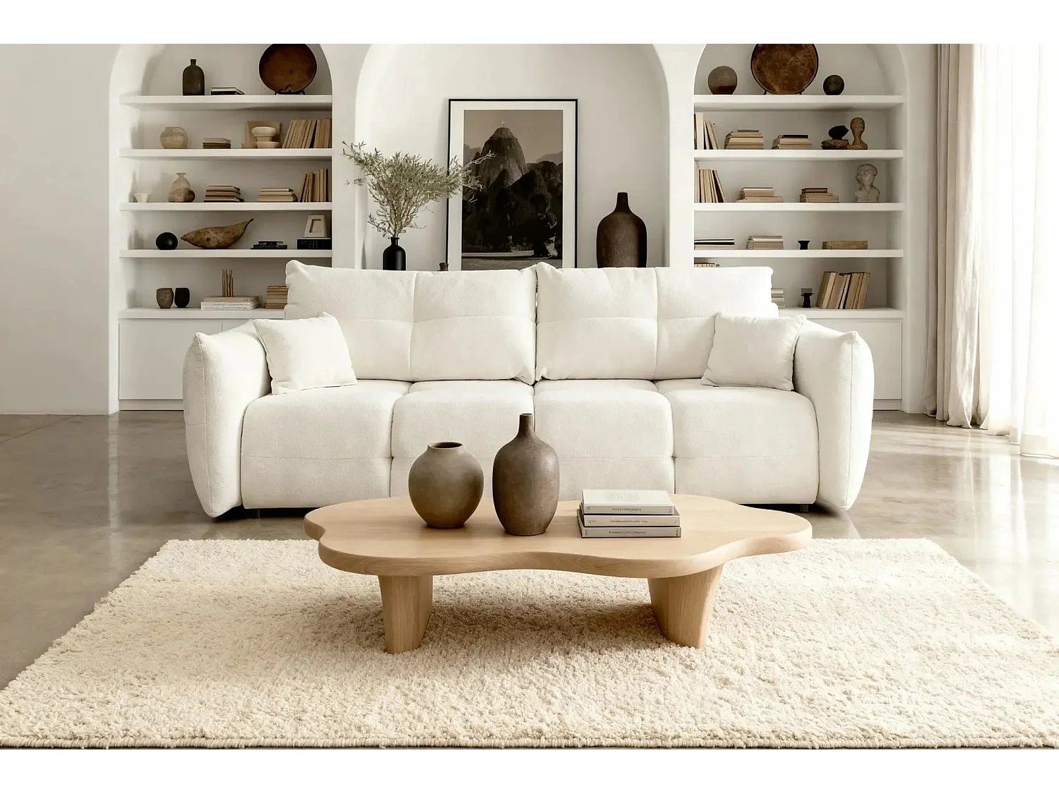 JUNE - Canapé droit convertible tissu bouclette 2 places - Beige