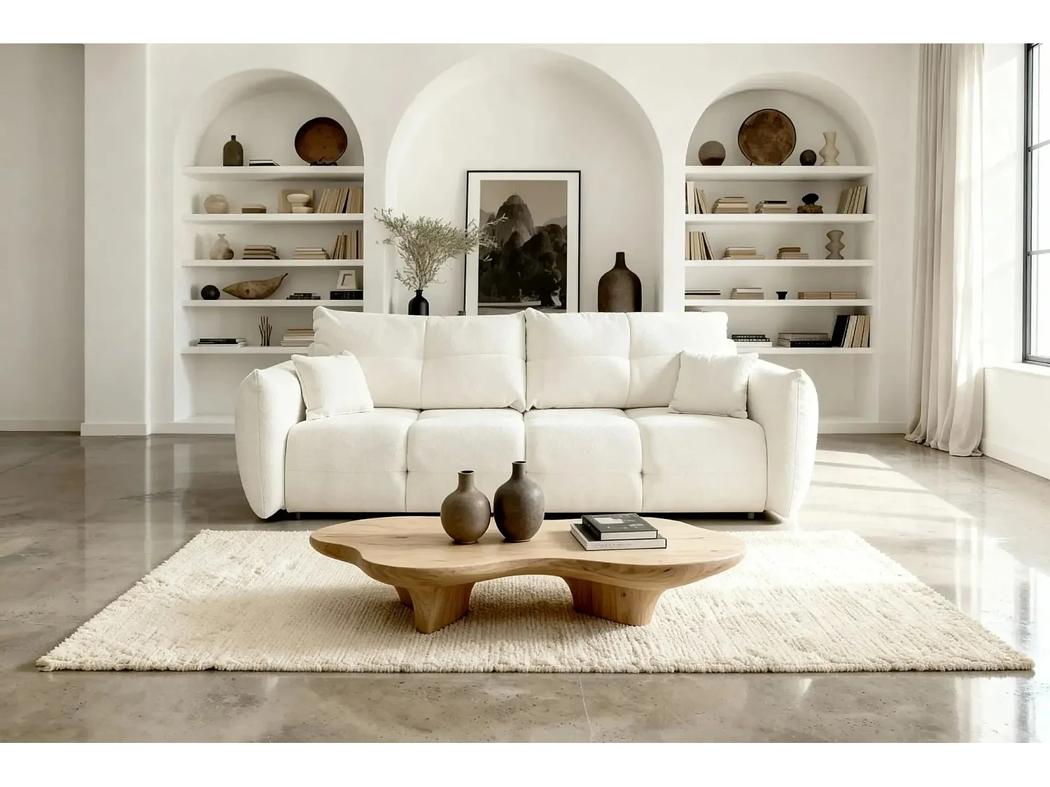 JUNE - Canapé droit convertible tissu bouclette 2 places - Beige