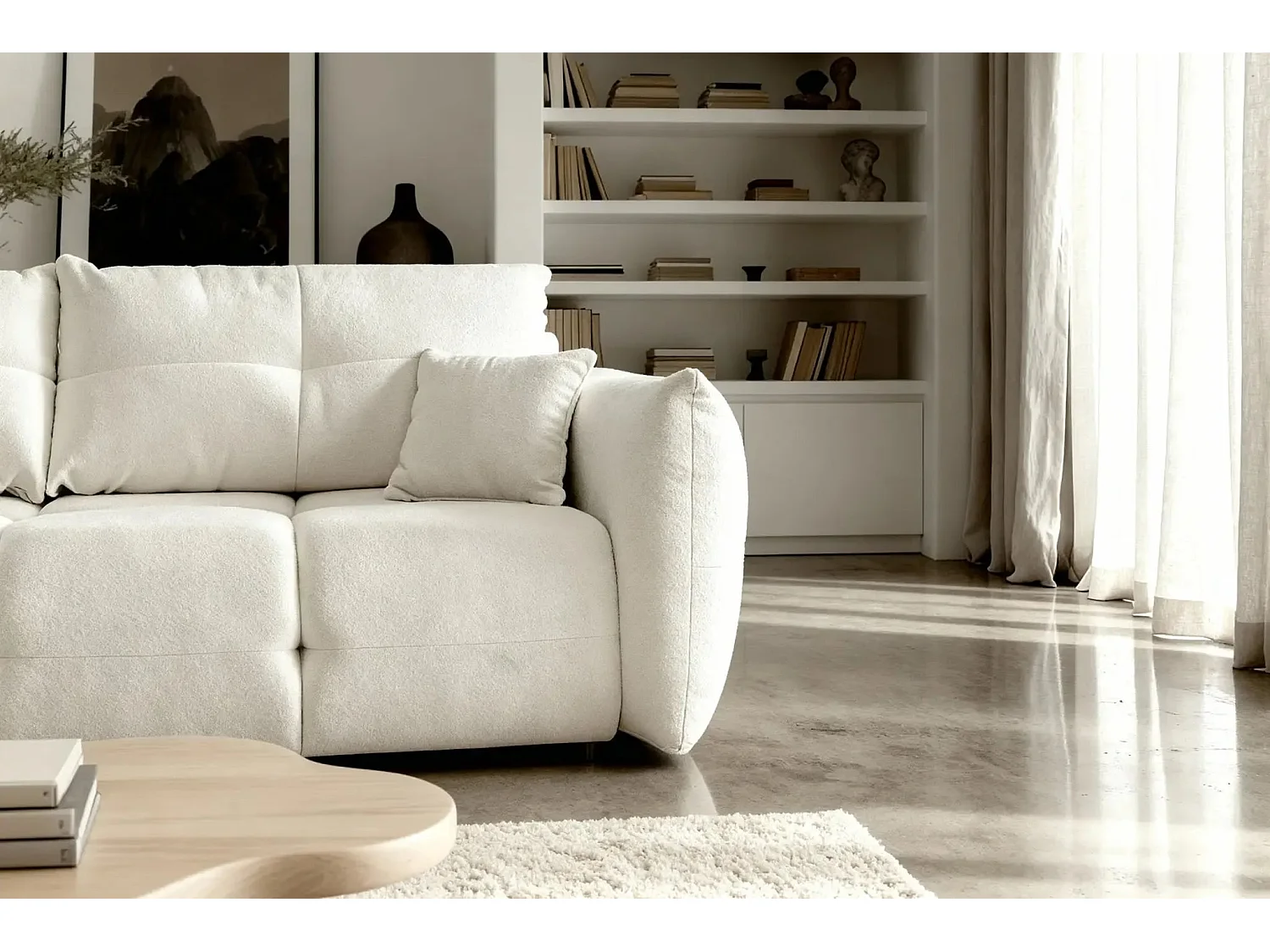 JUNE - Canapé droit convertible tissu bouclette 2 places - Beige