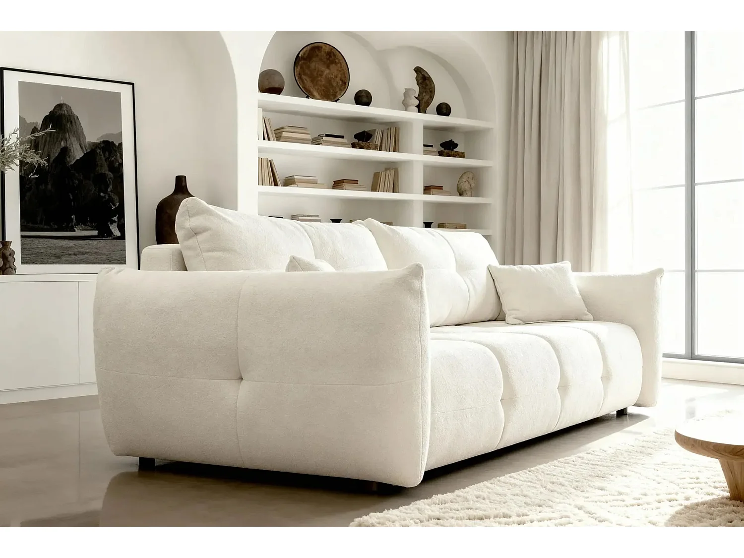 JUNE - Canapé droit convertible tissu bouclette 2 places - Beige