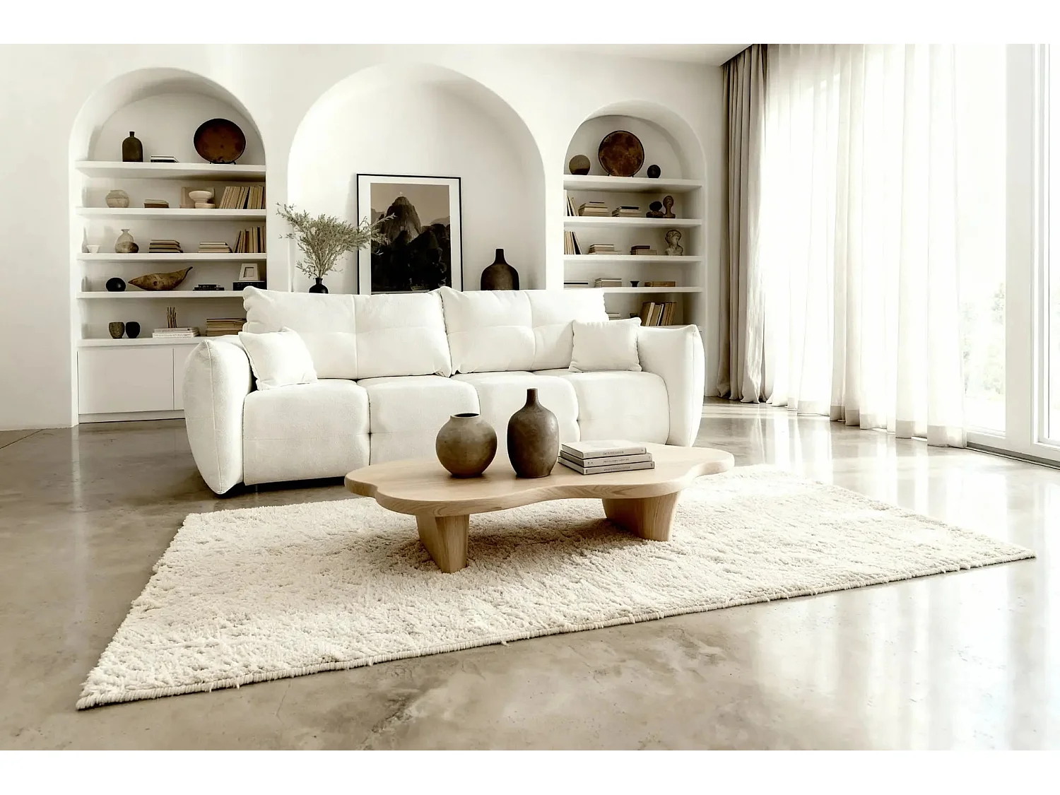 JUNE - Canapé droit convertible tissu bouclette 2 places - Beige