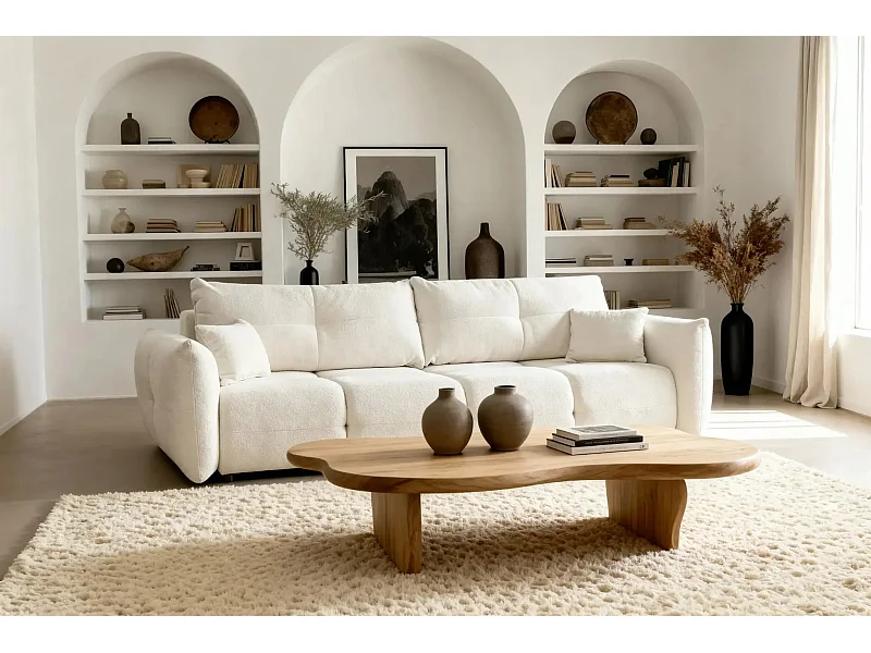 JUNE - Canapé droit convertible tissu bouclette 2 places - Beige