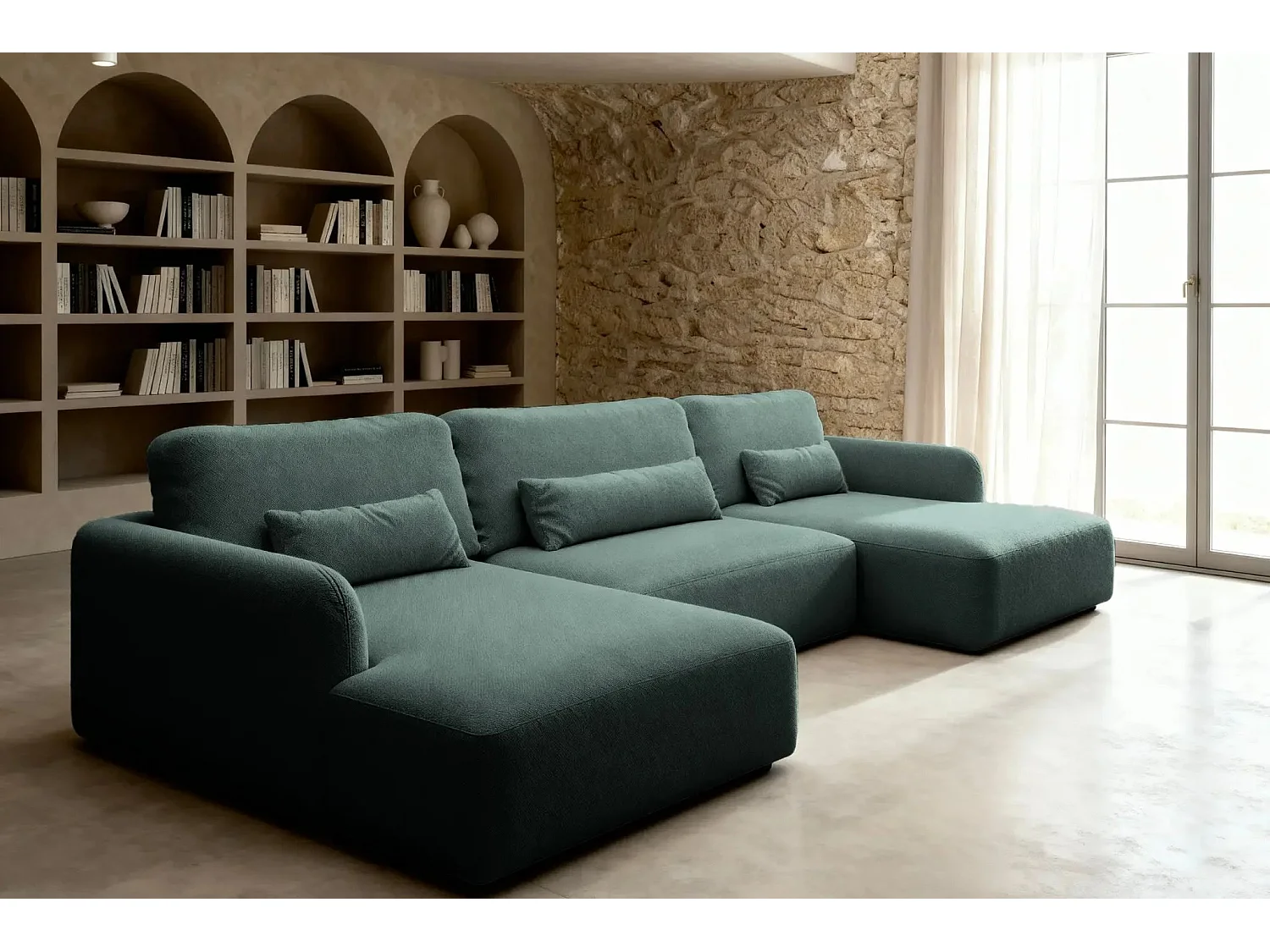 GIGI - Canapé panoramique convertible tissu bouclette 5 places - Vert