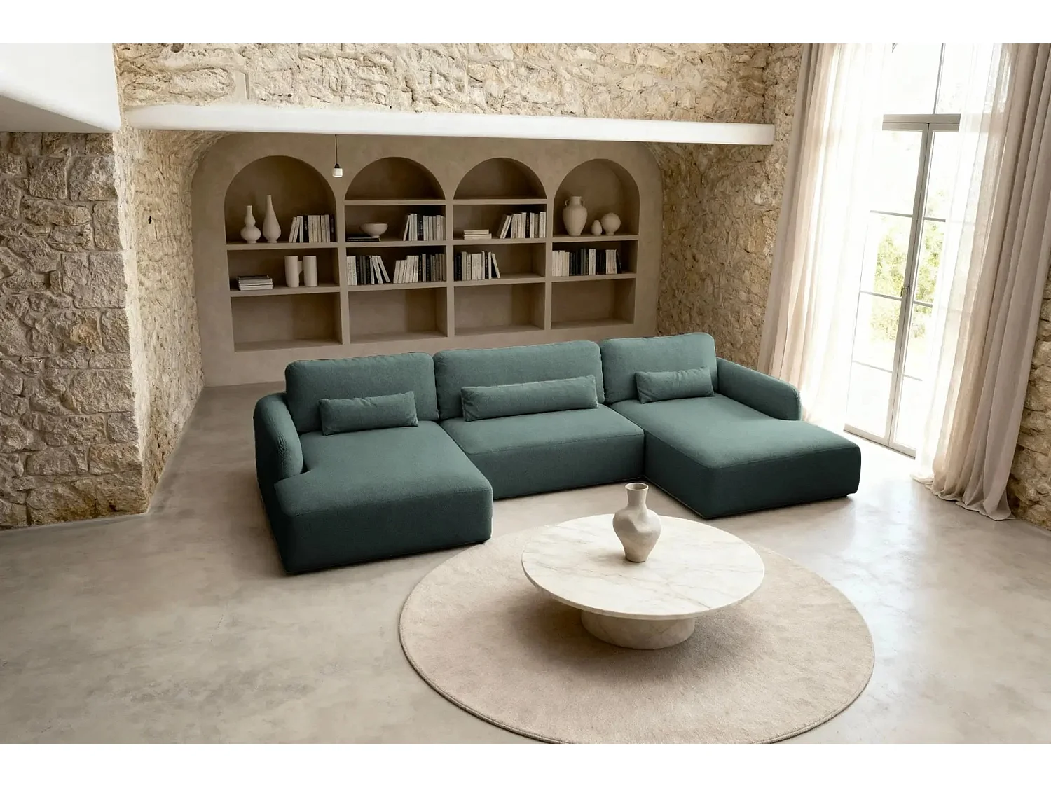 GIGI - Canapé panoramique convertible tissu bouclette 5 places - Vert