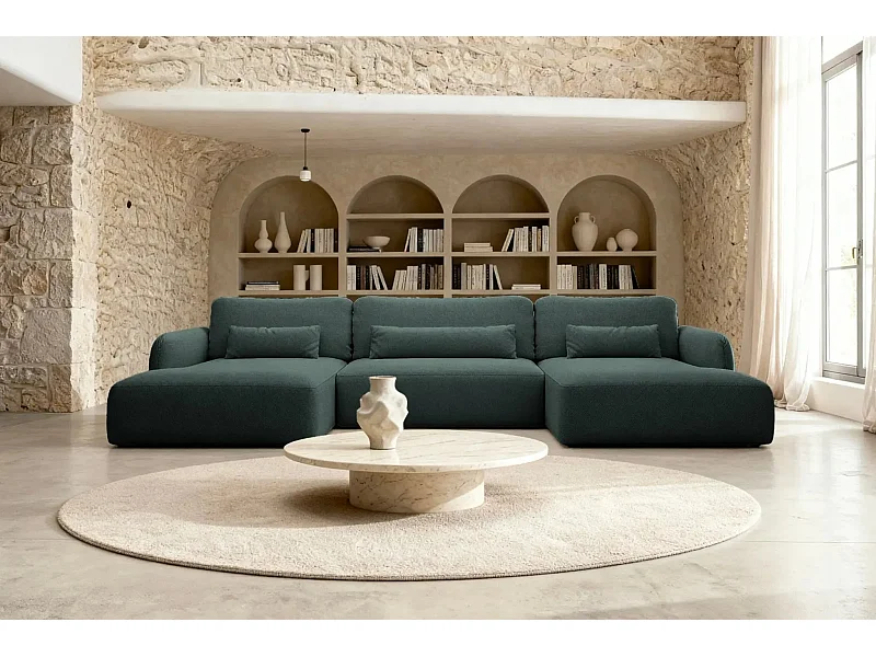 GIGI - Canapé panoramique convertible tissu bouclette 5 places - Vert