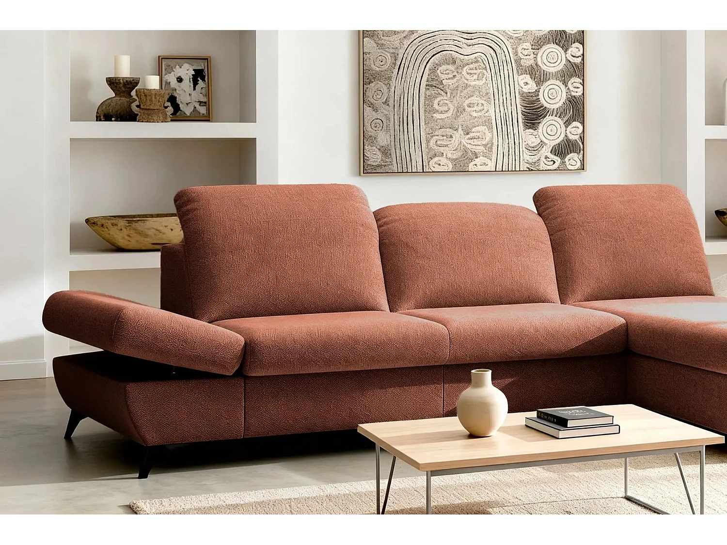 LIVIA - Canapé d'angle convertible tissu chiné 4 places - Terracotta - Droit