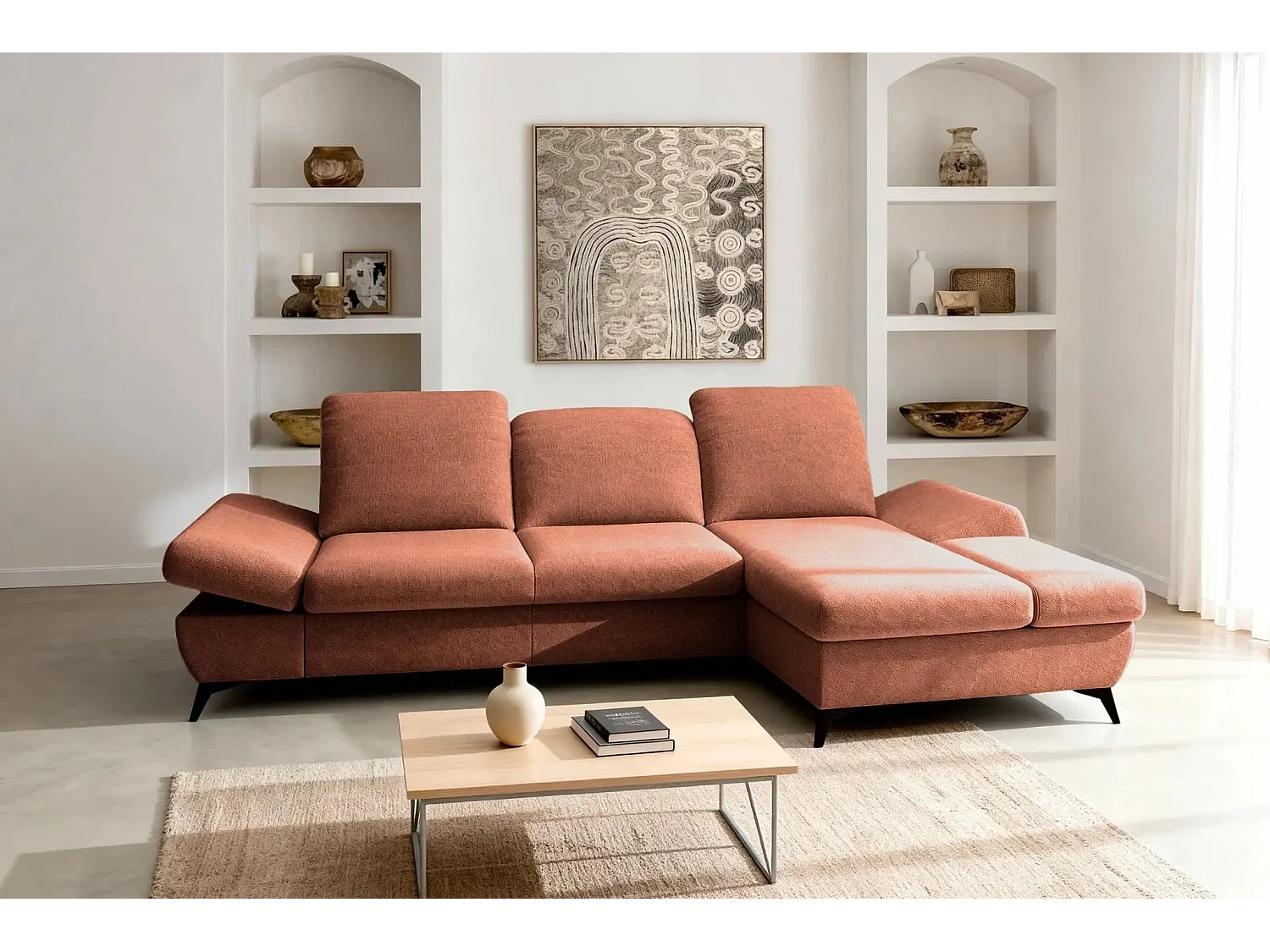 LIVIA - Canapé d'angle convertible tissu chiné 4 places - Terracotta - Droit