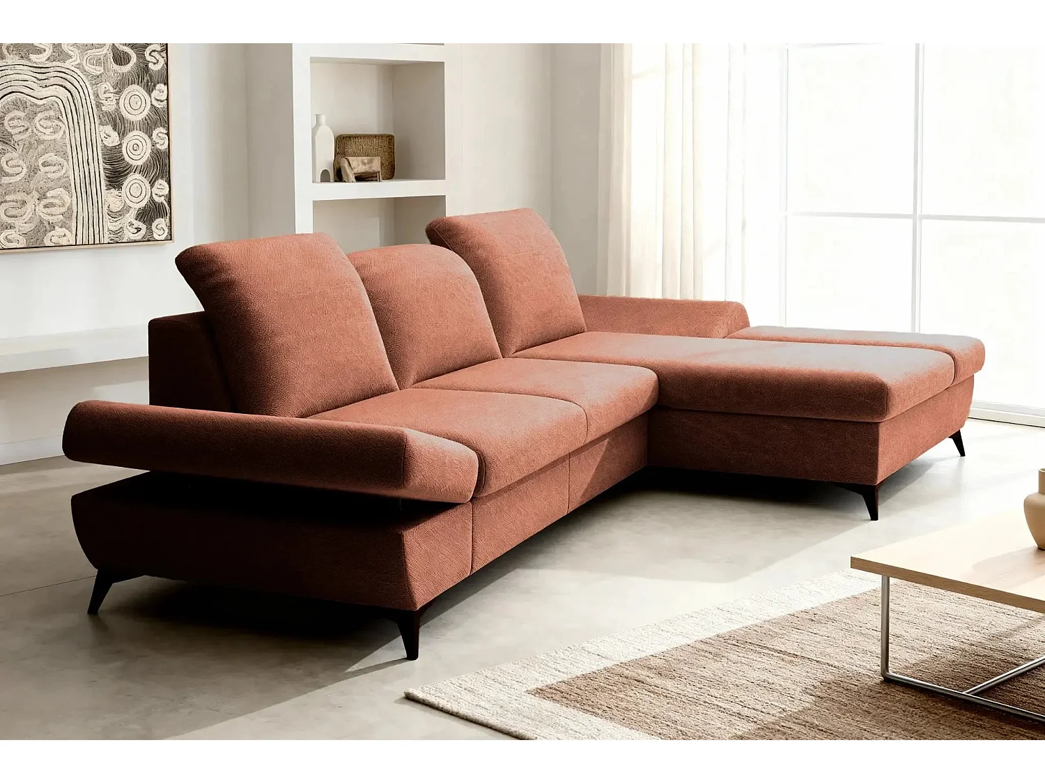 LIVIA - Canapé d'angle convertible tissu chiné 4 places - Terracotta - Droit