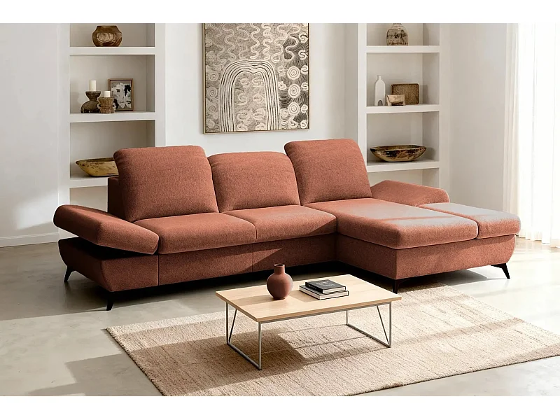 LIVIA - Canapé d'angle convertible tissu chiné 4 places - Terracotta - Droit