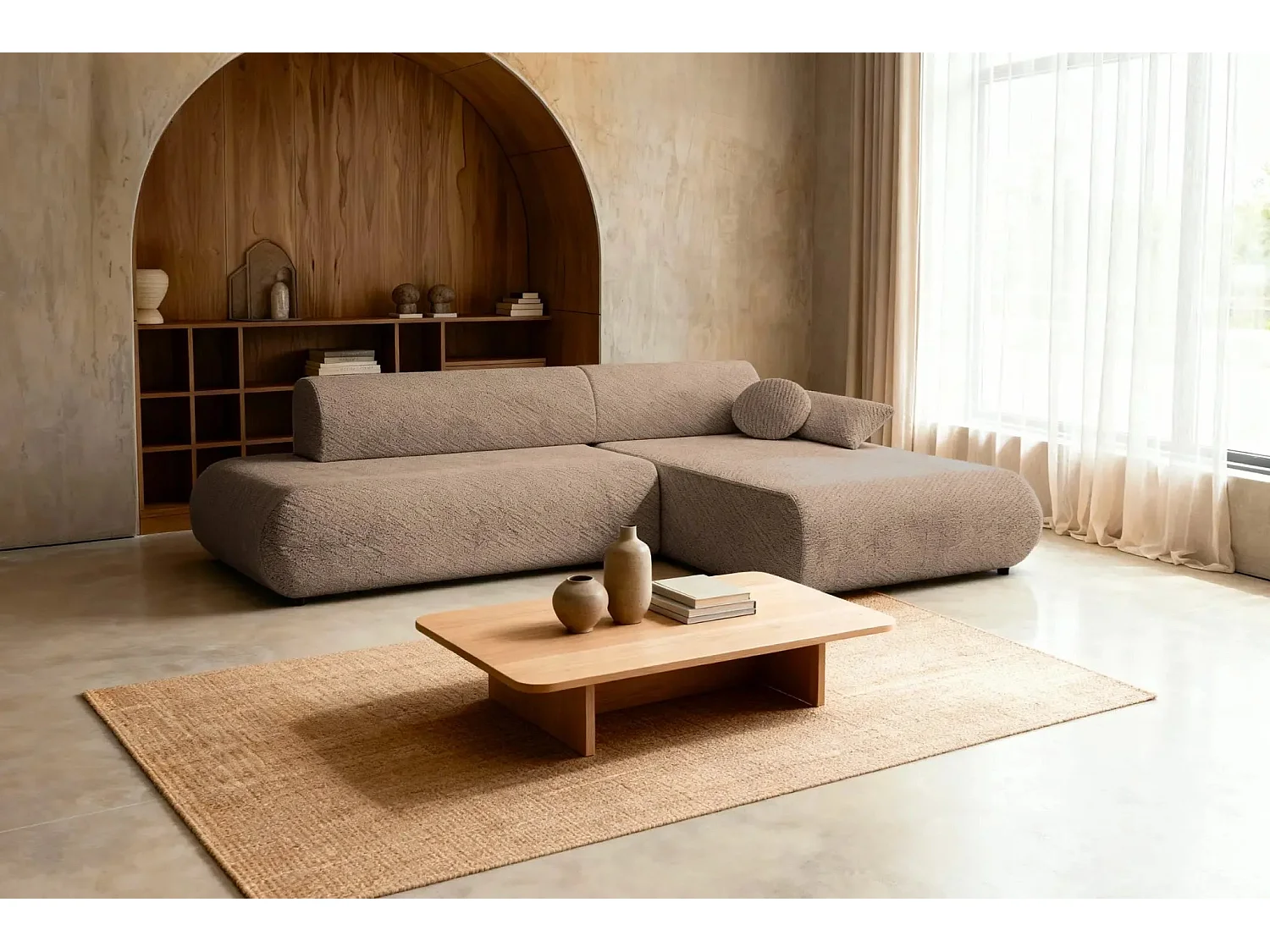 LEVI - Canapé d'angle convertible tissu lisse 3 places - Café - Droit