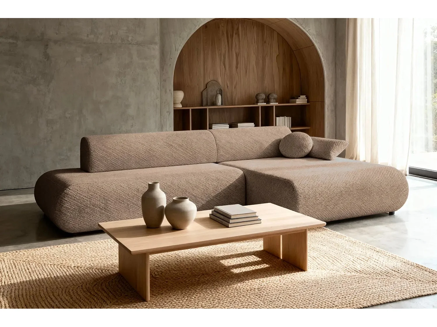 LEVI - Canapé d'angle convertible tissu lisse 3 places - Café - Droit