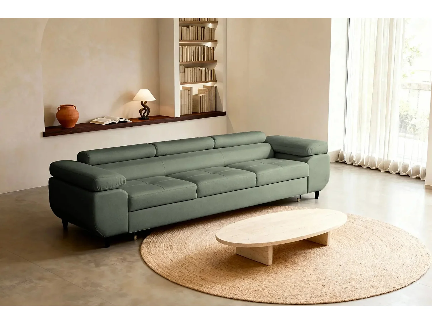 CHARLIE - Canapé droit convertible tissu chiné 3 places - Vert