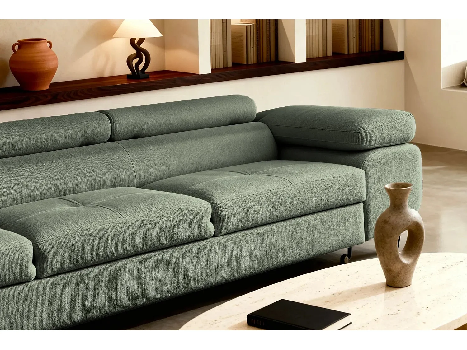 CHARLIE - Canapé droit convertible tissu chiné 3 places - Vert