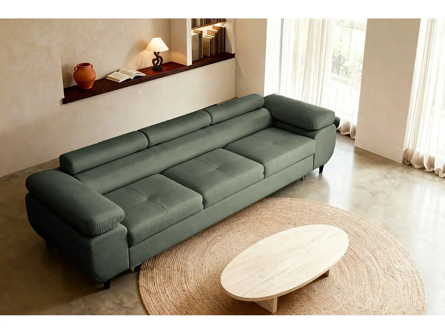Canapé convertible 3 places en tissu chiné vert CHARLIE