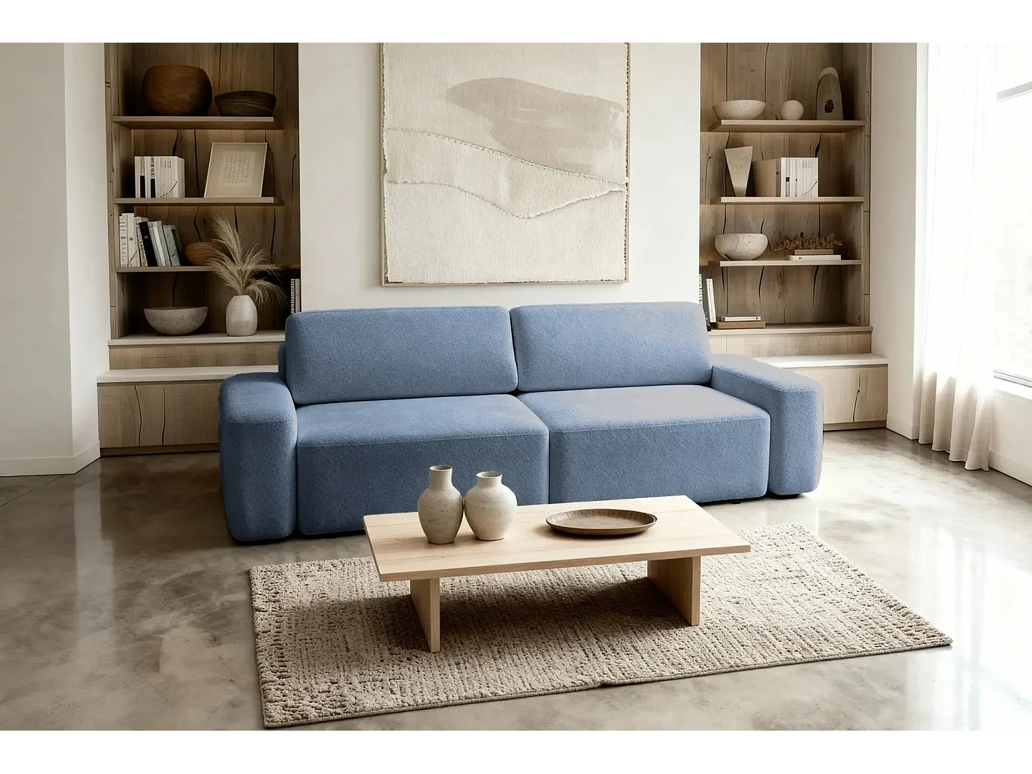 IVY - Canapé droit convertible coffre tissu chiné 3 places - Bleu