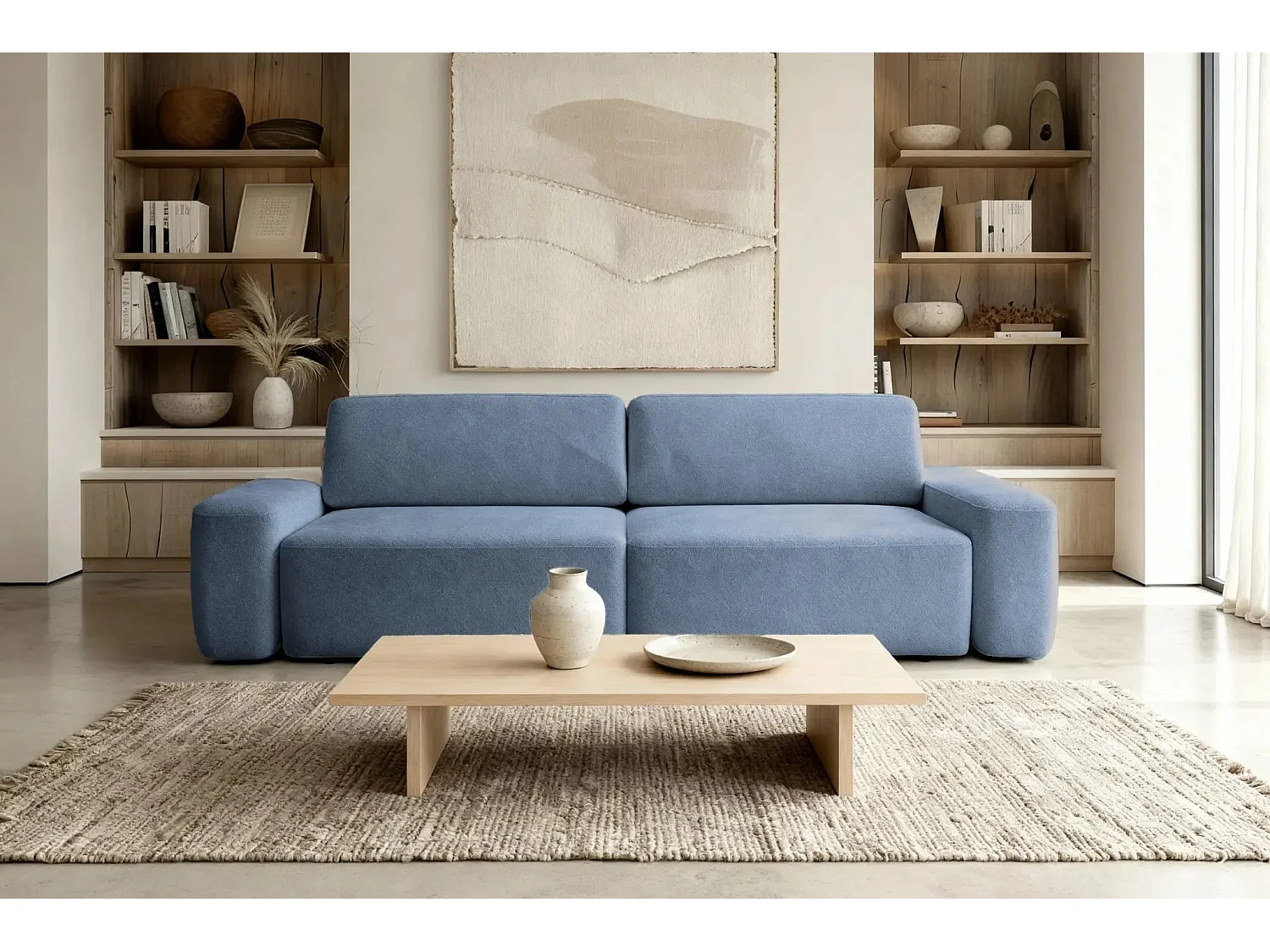 IVY - Canapé droit convertible coffre tissu chiné 3 places - Bleu