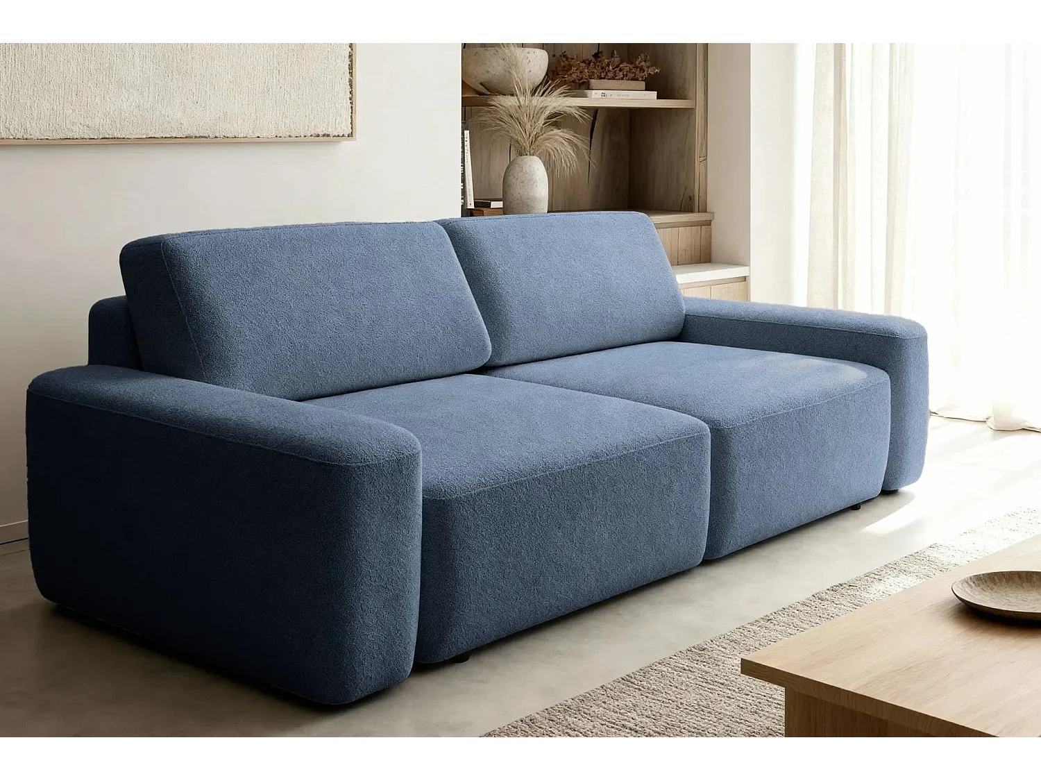 IVY - Canapé droit convertible coffre tissu chiné 3 places - Bleu