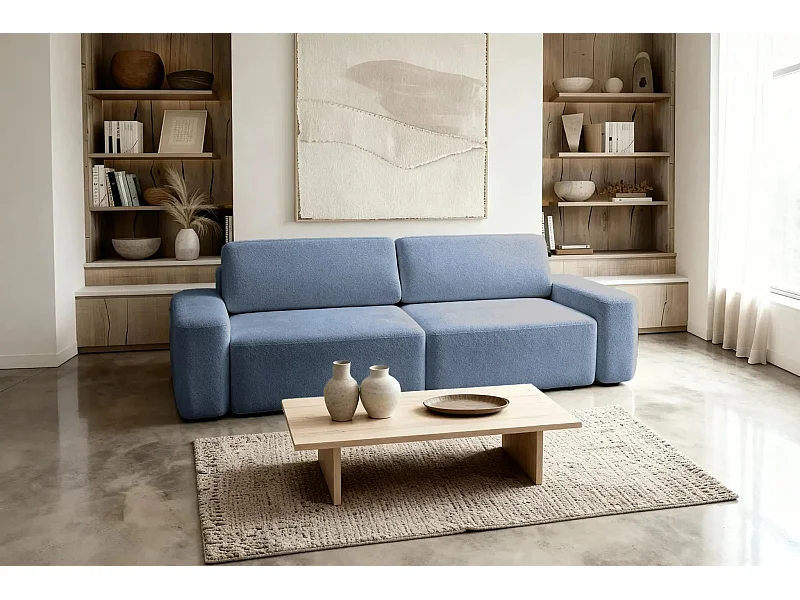 IVY - Canapé droit convertible coffre tissu chiné 3 places - Bleu