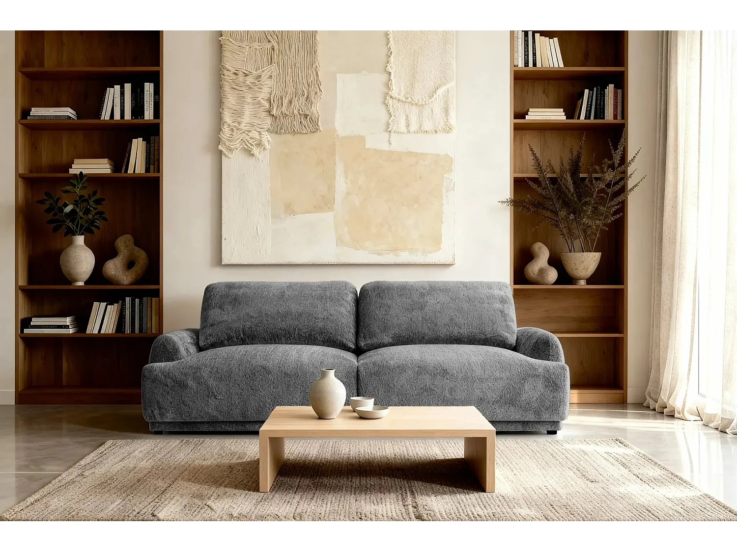 CLAUDIA - Canapé droit convertible tissu chenille 3 places - Gris foncé