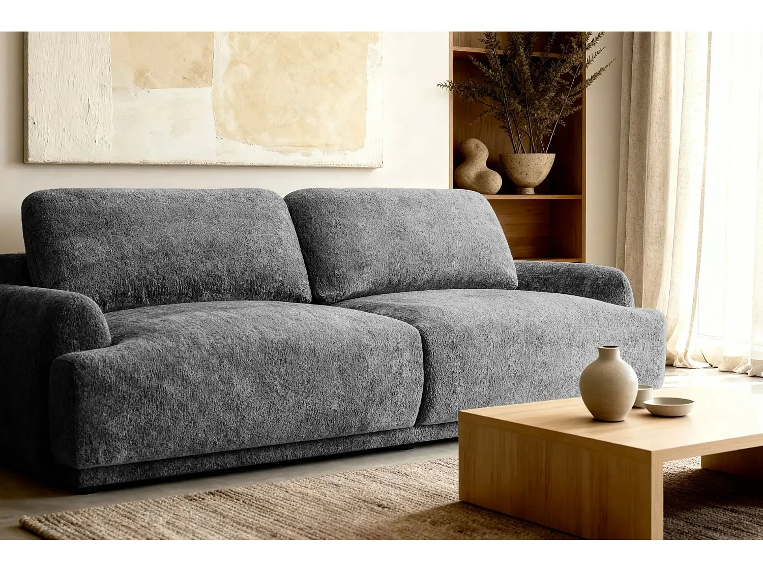 CLAUDIA - Canapé droit convertible tissu chenille 3 places - Gris foncé