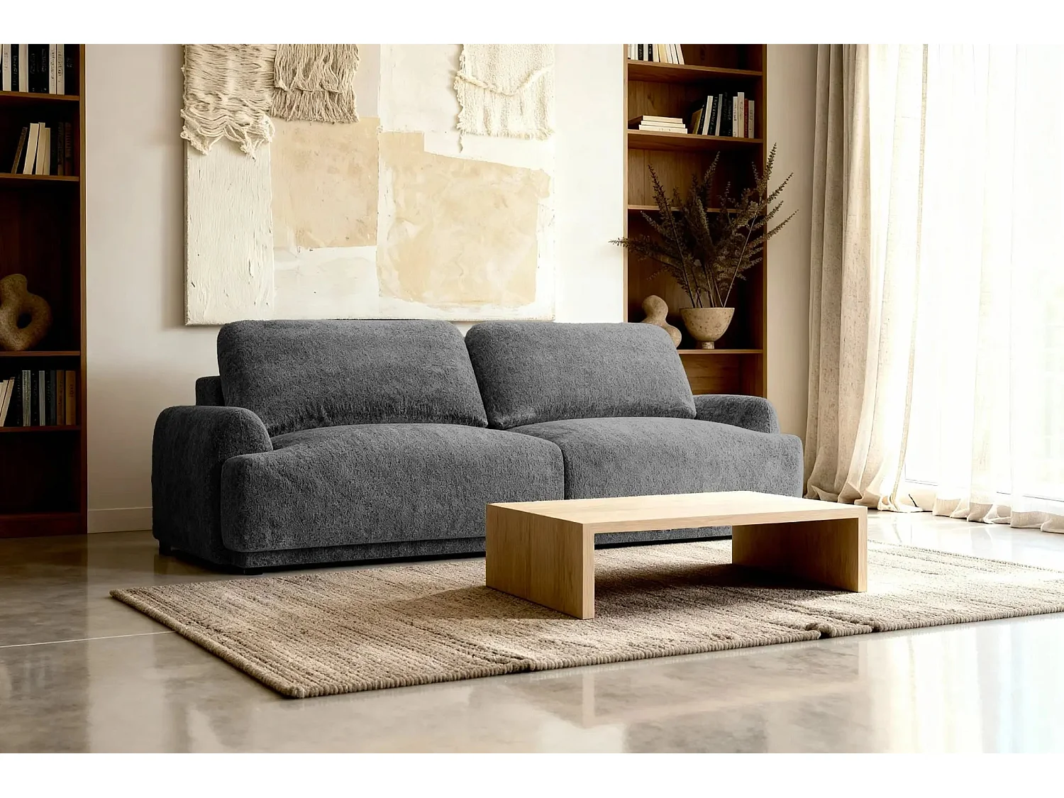 CLAUDIA - Canapé droit convertible tissu chenille 3 places - Gris foncé