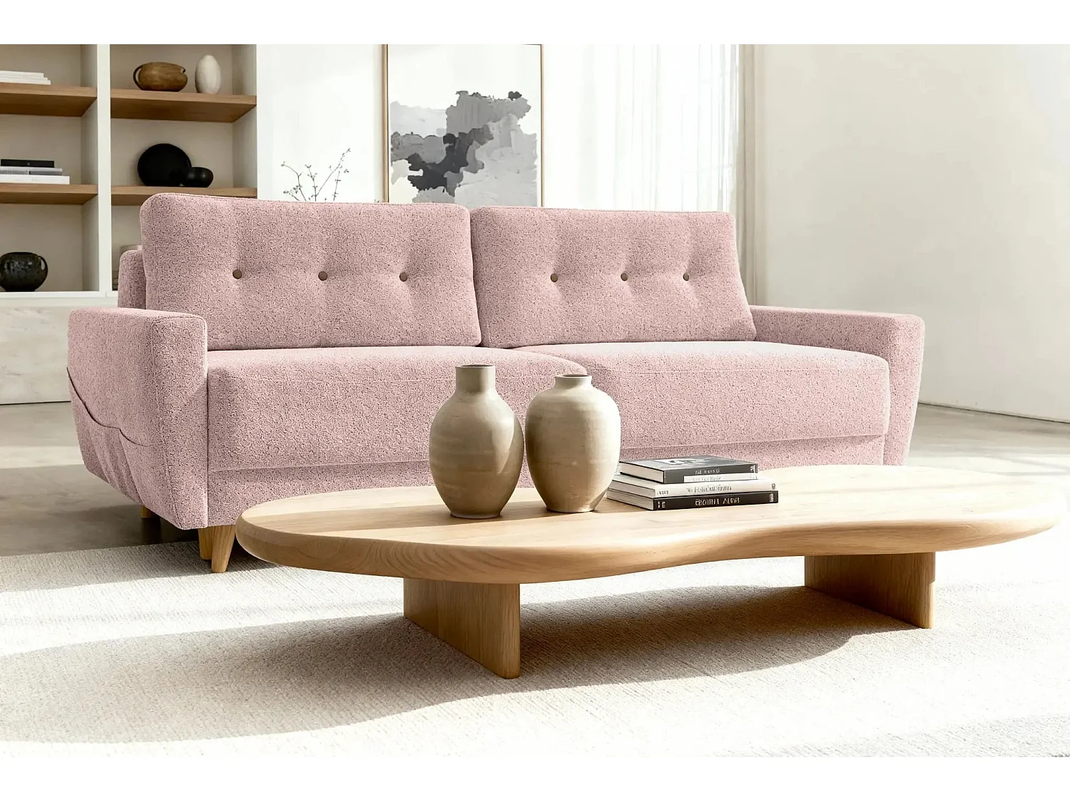 GASPARD - Canapé droit convertible tissu bouclette 3 places - Rose